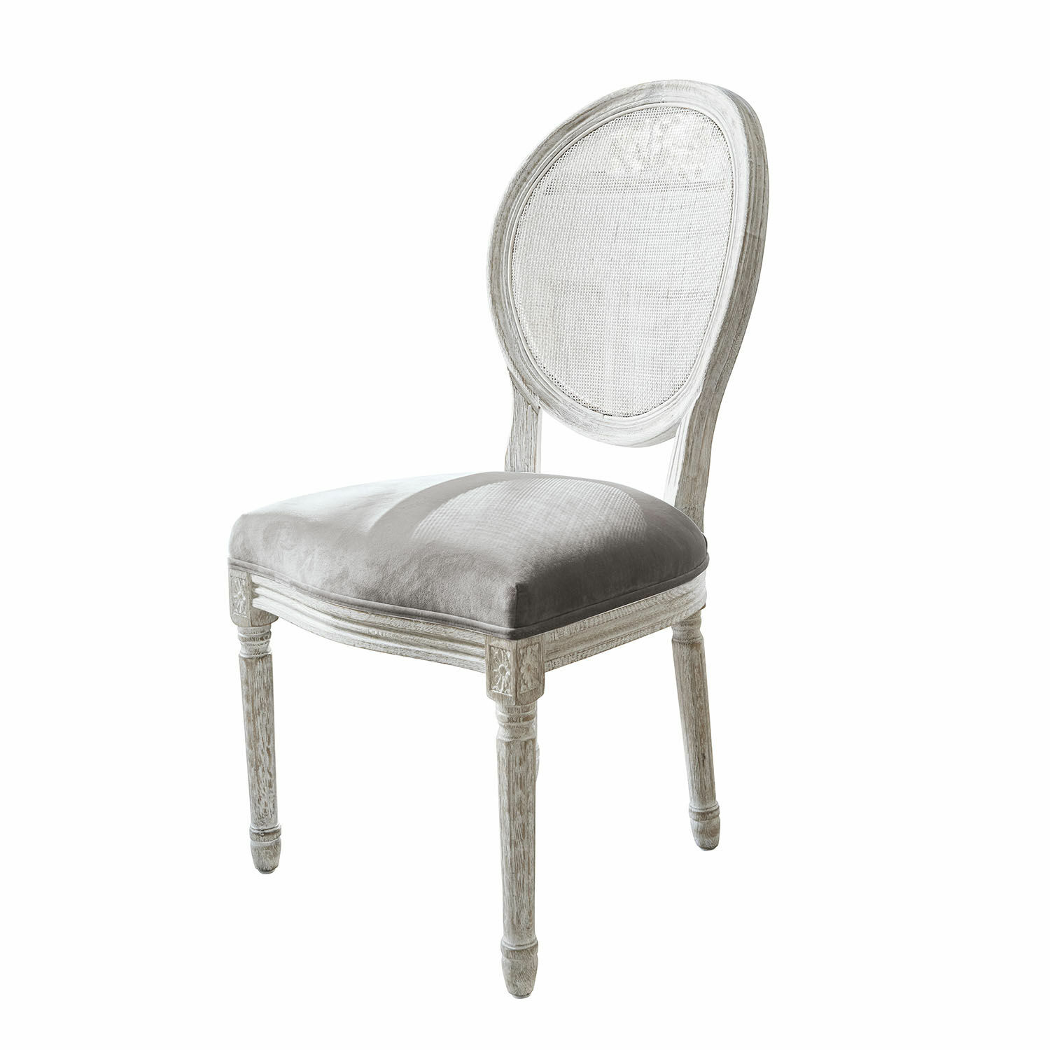 blanco/gris Silla Danube de madera blanca con asiento de terciopelo gris, estilo vintage para salón