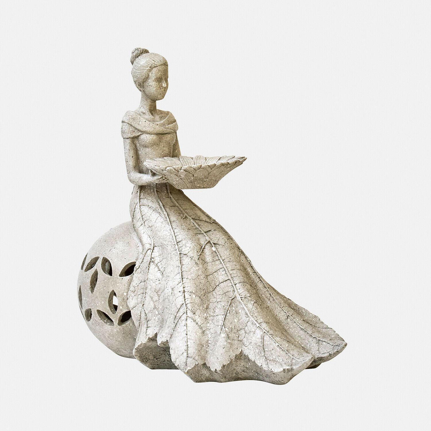 Figura decorativa solar Lendoria Figura de piedra gris de mujer con vestido de hojas sosteniendo un cuenco, decoración de jardín