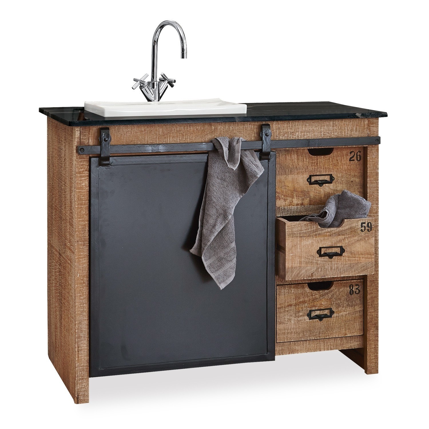 Lavabo Taylors Island Mueble de baño de madera de mango y metal con puerta negra y lavabo blanco, estilo industrial