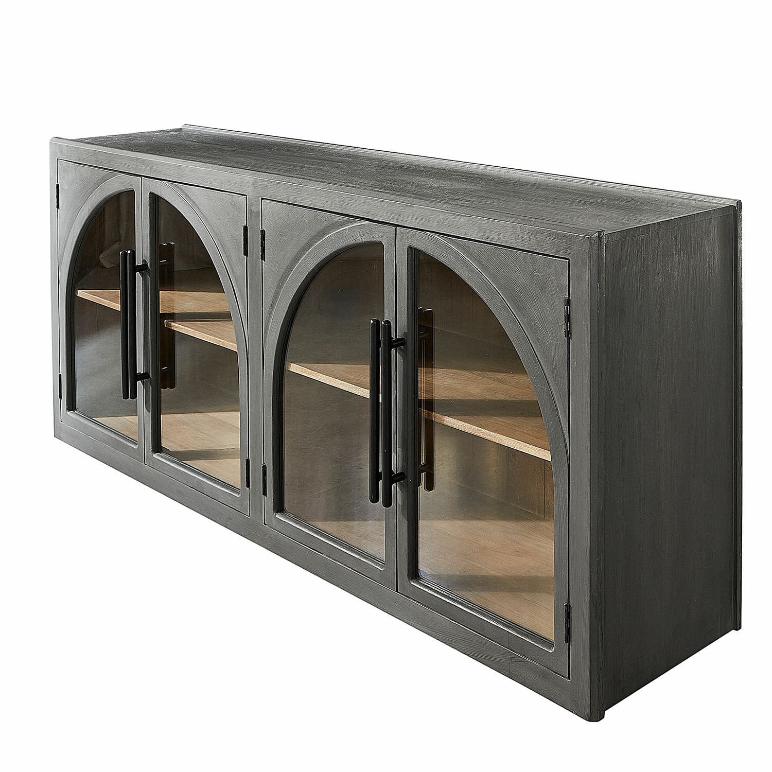 Aparador Chaloraine Aparador de madera gris con puertas de cristal y estantes, mueble de almacenamiento para salón