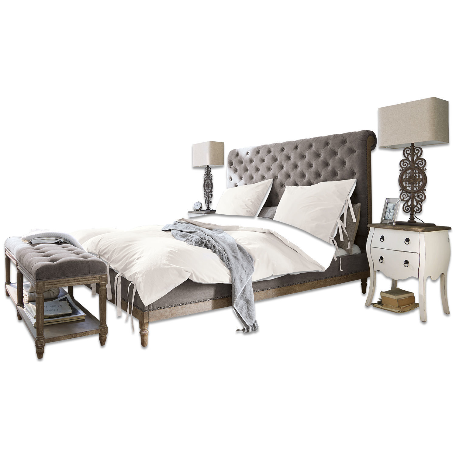 Cama Pozières Cama tapizada con cabecero gris acolchado y marco de madera, ropa de cama blanca y manta gris