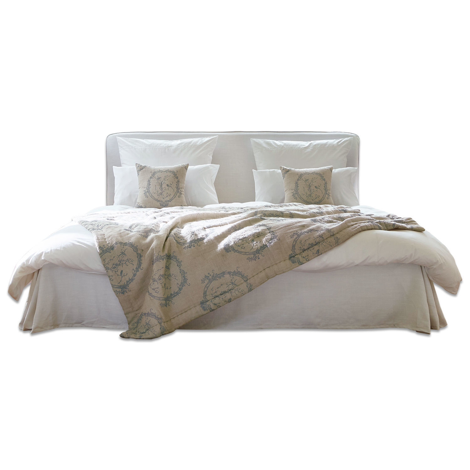 blanco Cama Aubrianne en tela blanca con manta beige decorativa y cojines para dormitorio