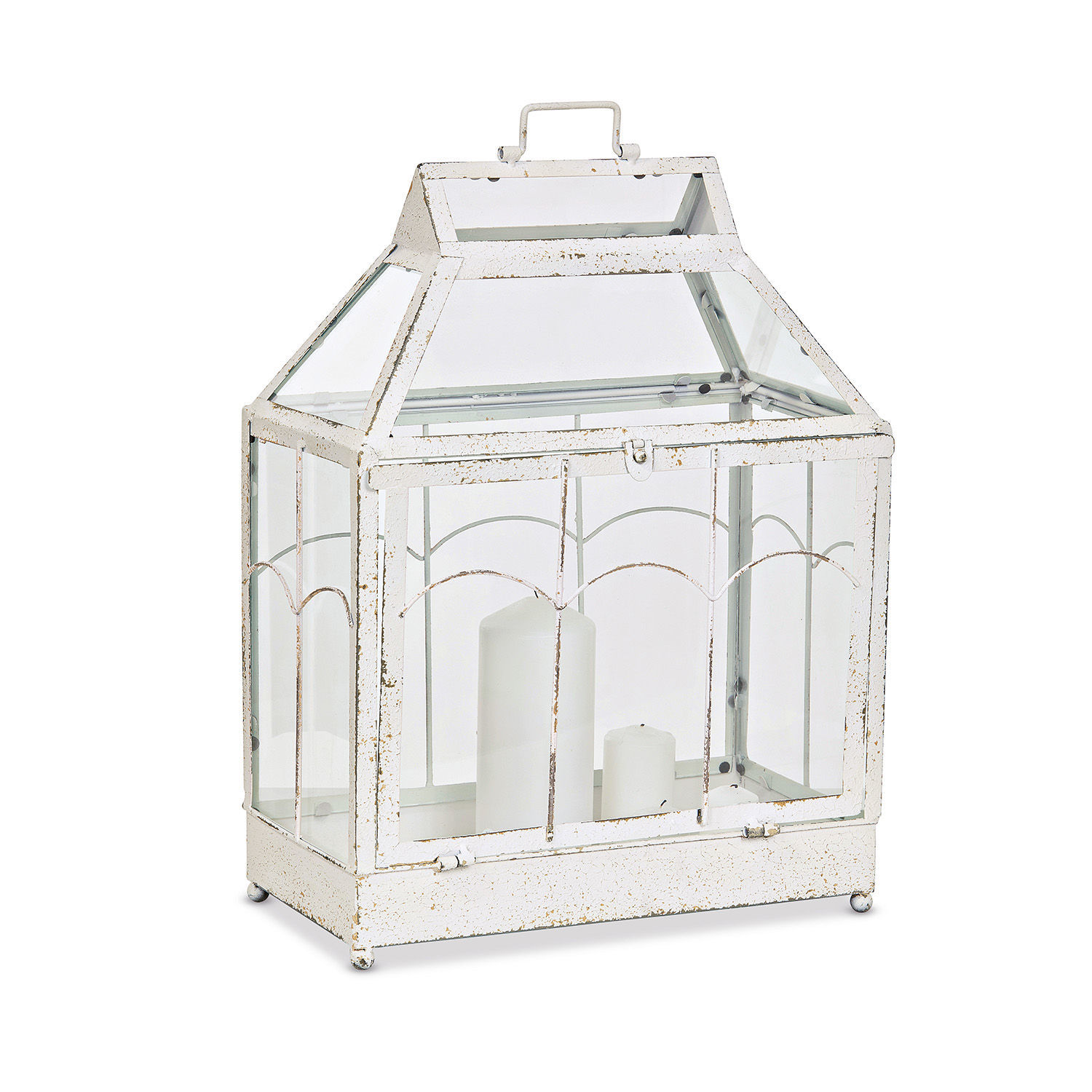 Linterna de metal blanco envejecido con paneles de vidrio, decorativa para velas.