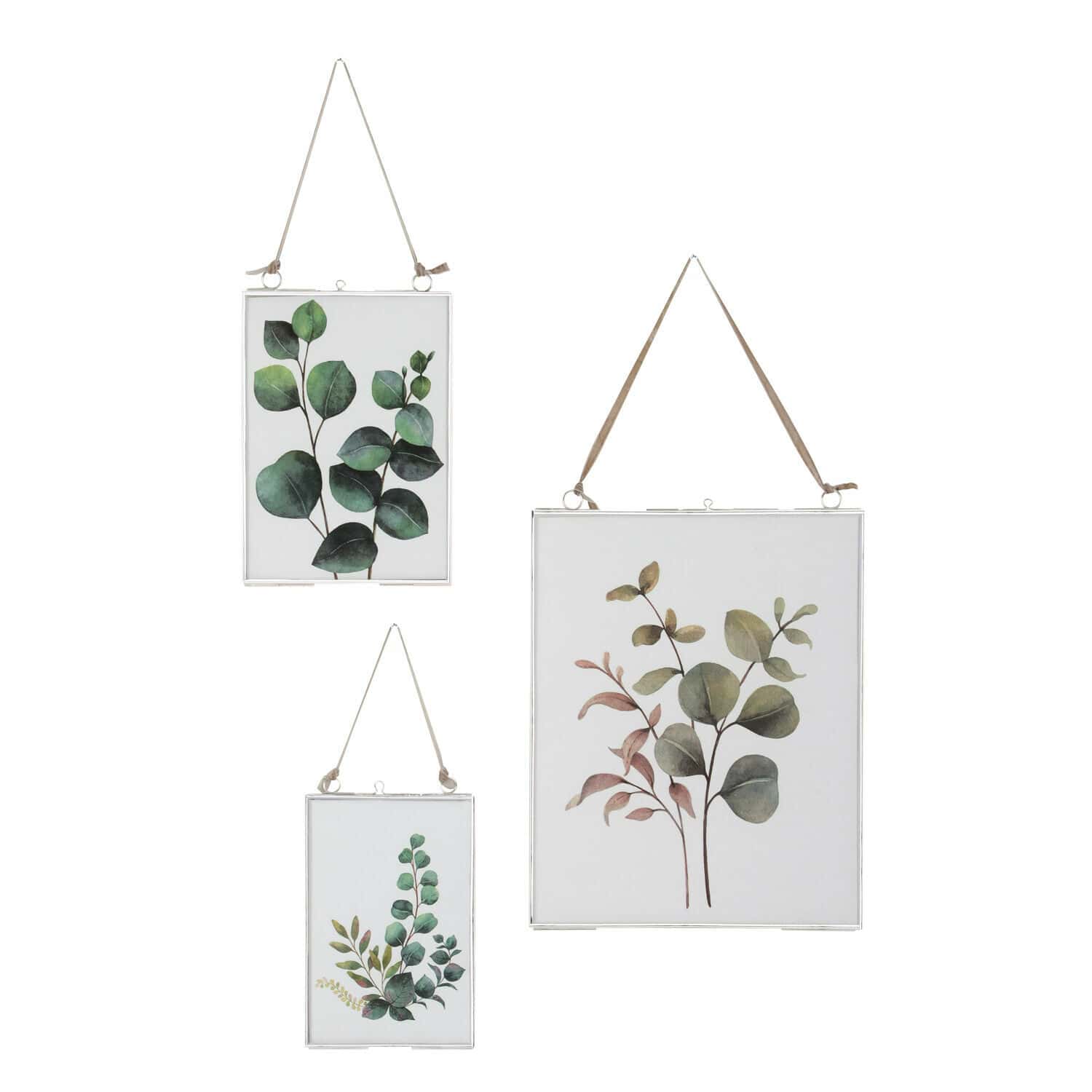 Set de 3 marcos Ruston de metal plateado con motivos de hojas verdes para decoración de paredes