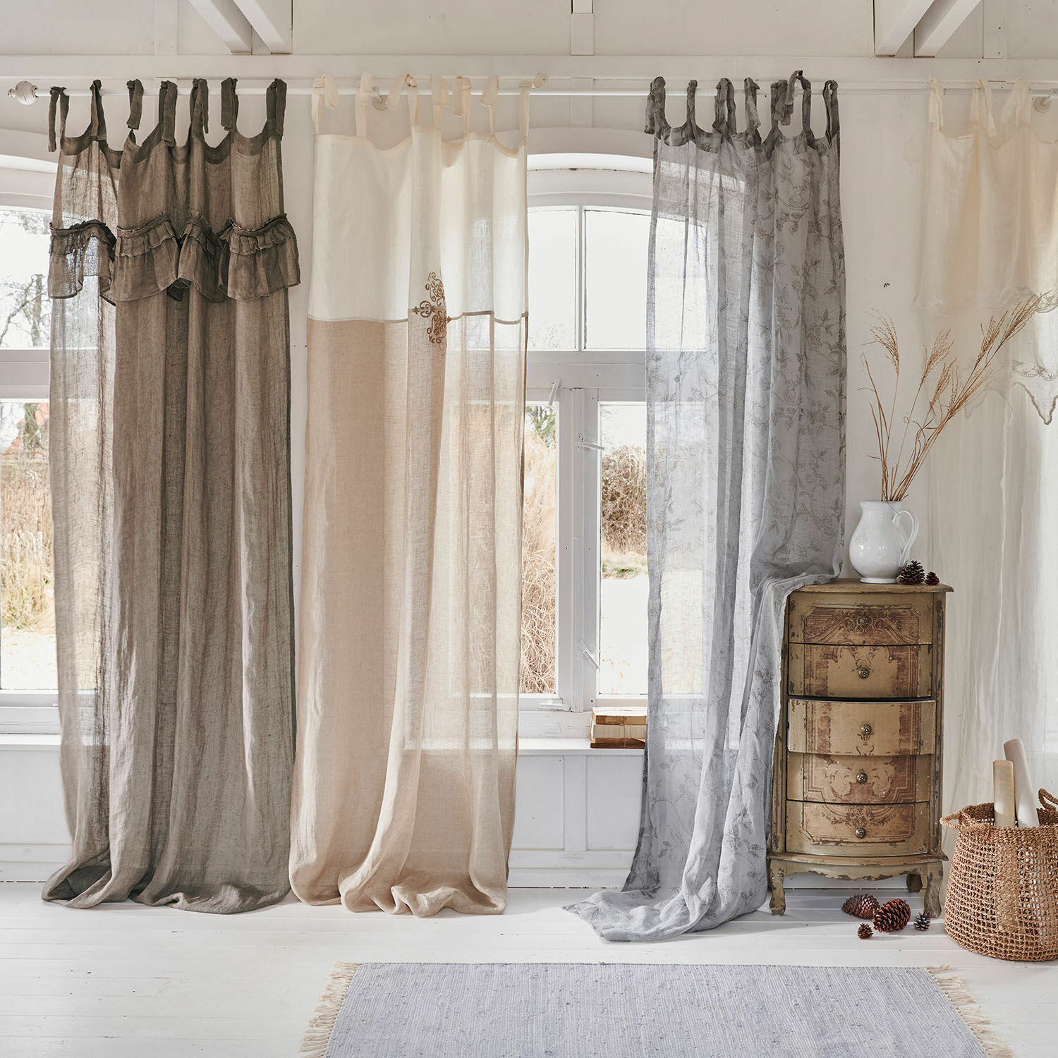 Cortina Tousia Cortinas translúcidas de lino en tonos beige y gris natural para decoración de ventanas