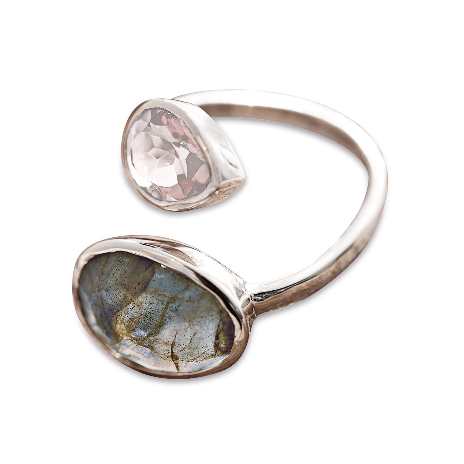 Anillo de plata con piedras rosa y azul, joya elegante para mujer