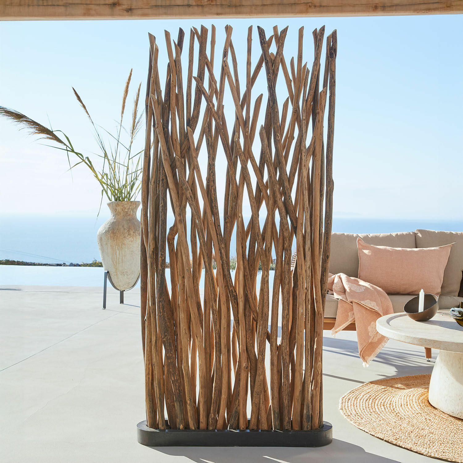 Separador de ambiente Woody Biombo decorativo de madera natural marrón para interiores y exteriores