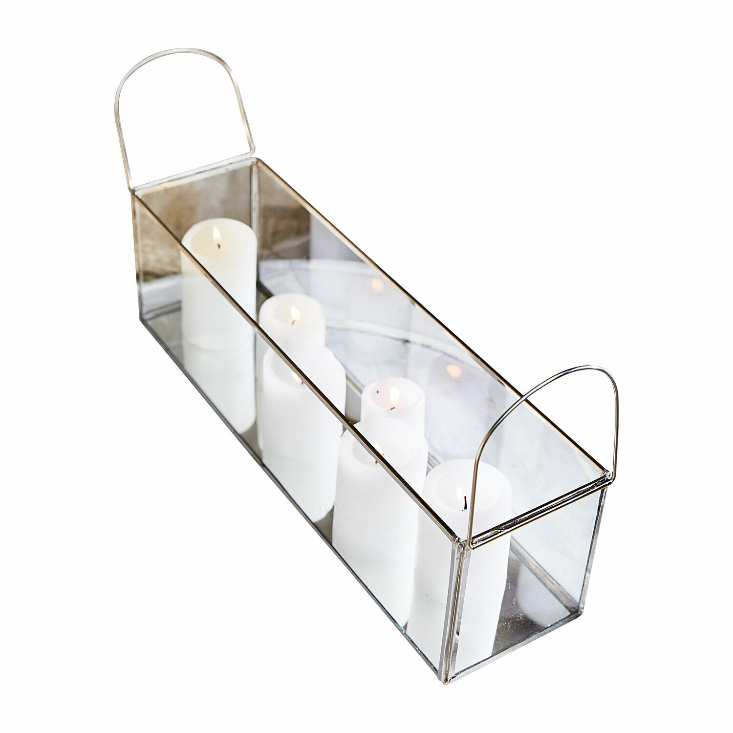 Linterna Quinton Portavelas rectangular de vidrio con marco metálico y asas, velas blancas decorativas