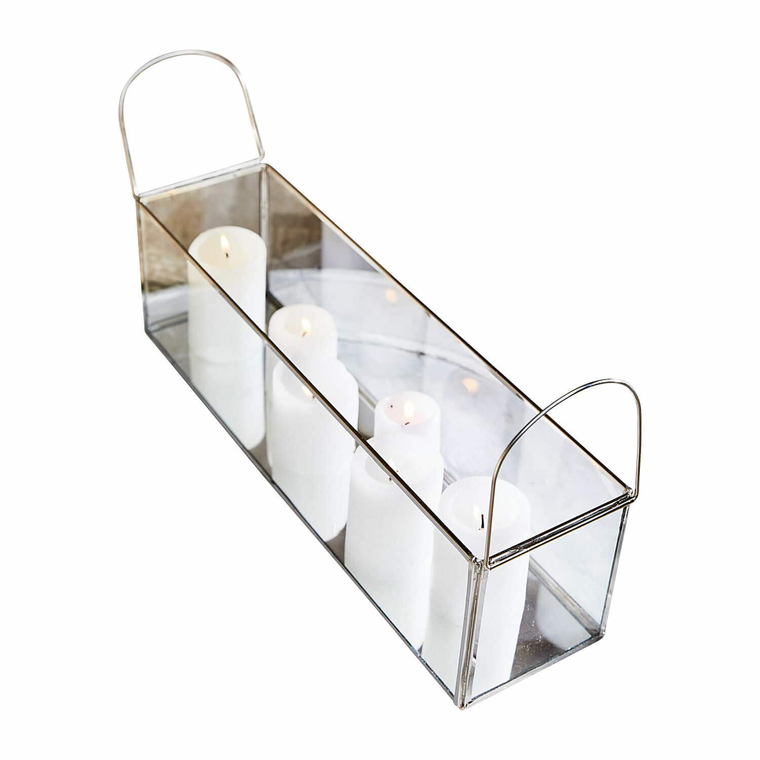 Linterna Quinton Portavelas rectangular de vidrio con marco metálico y asas, velas blancas decorativas