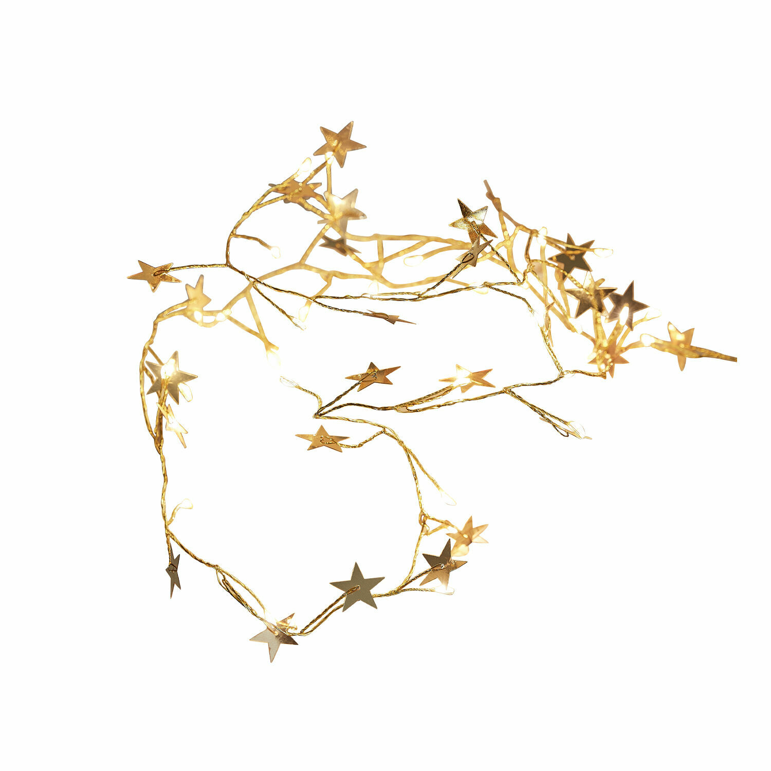 Cadena de luces delicada con estrellas metálicas doradas para decoración festiva
