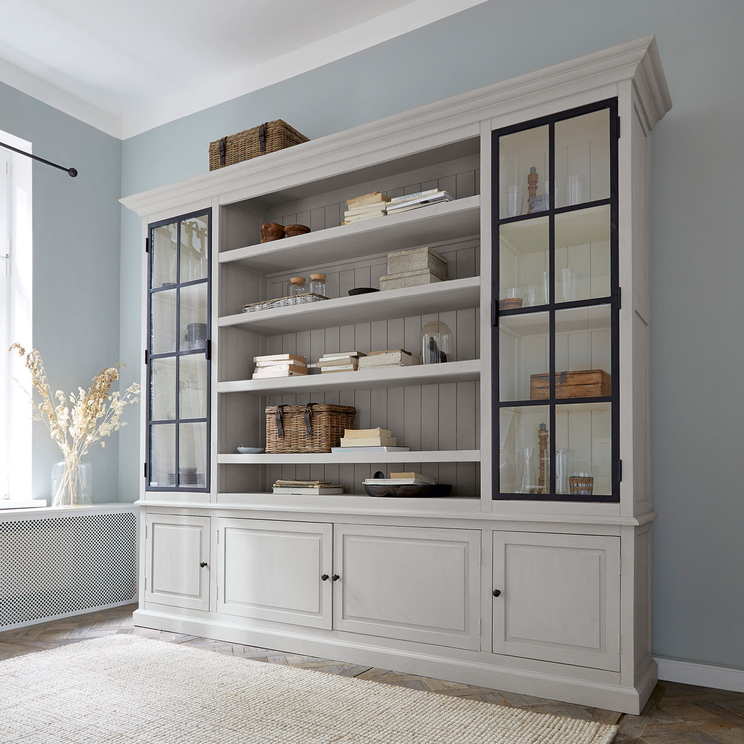 Armario Pratola Gran vitrina de madera gris con puertas de cristal y estantes para libros y decoración