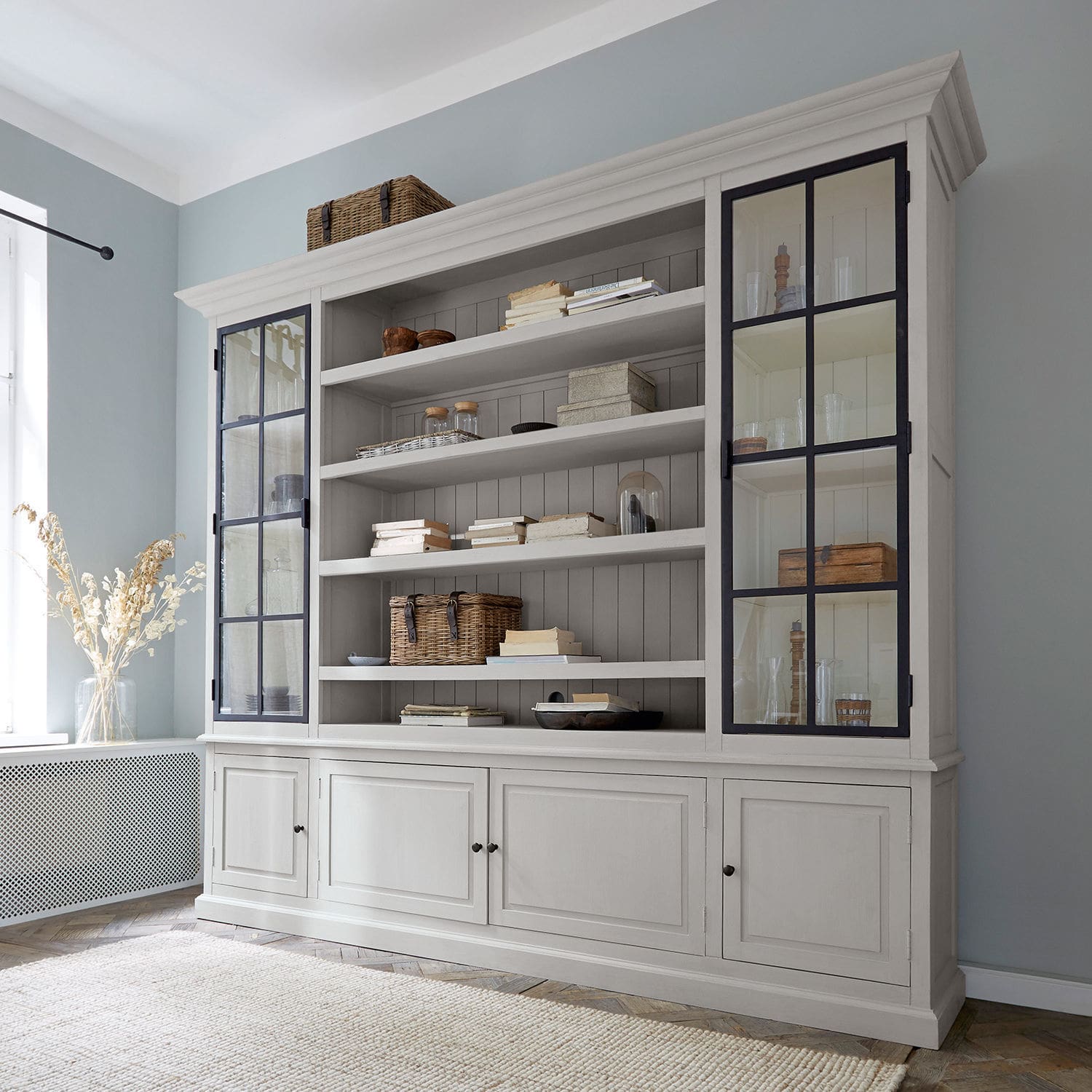 Armario Pratola Gran vitrina de madera gris con puertas de cristal y estantes para libros y decoración