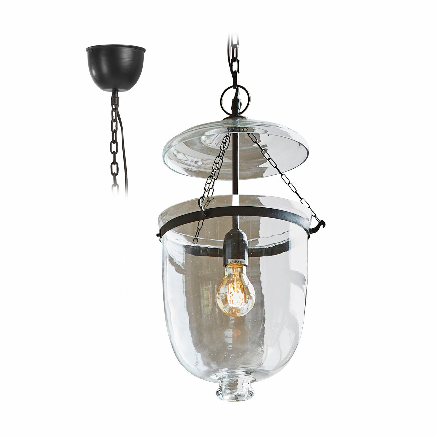 Lámpara colgante Lanta Lámpara colgante de vidrio con cadena metálica negra y pantalla transparente, iluminación decorativa interior