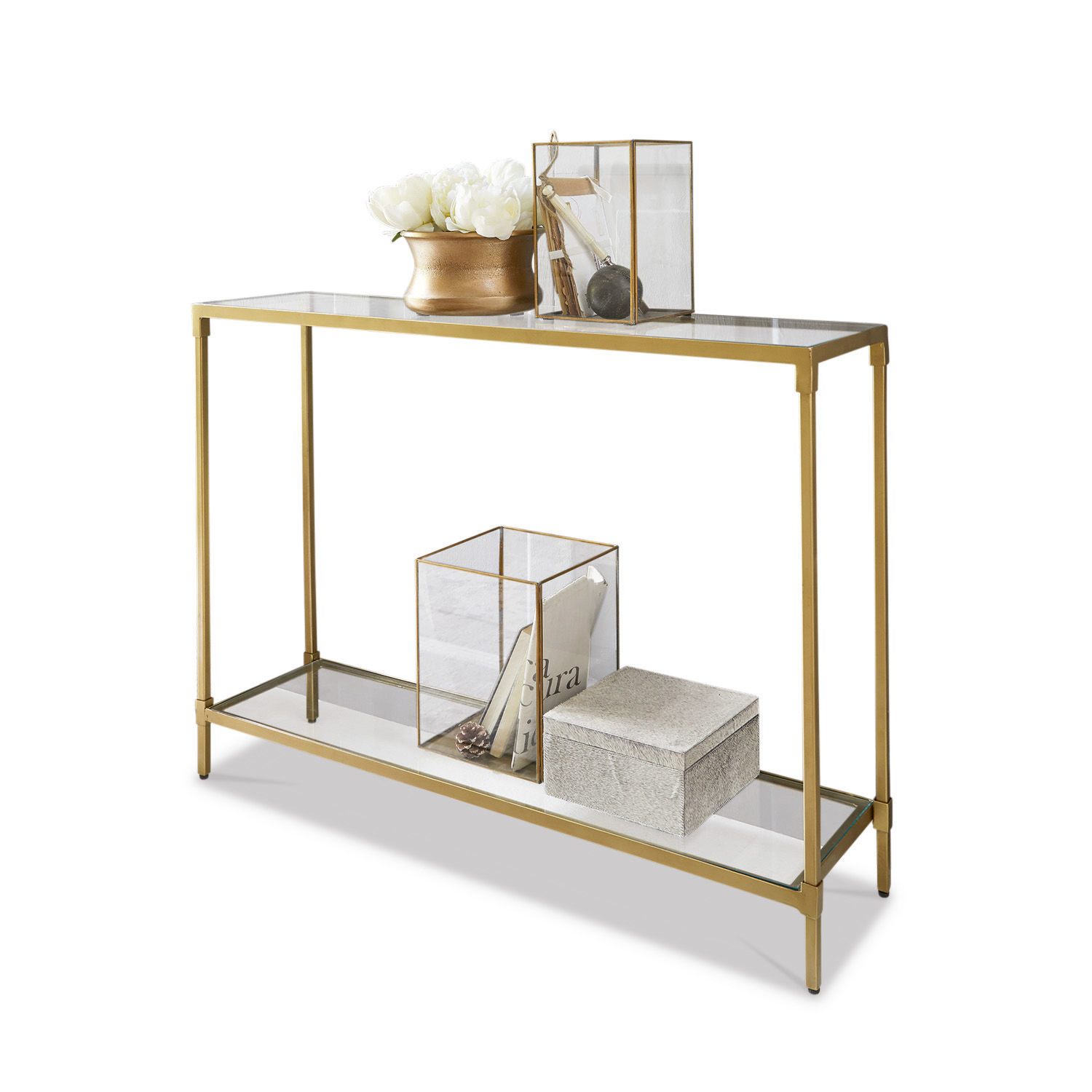 Consola Ninove Consola de metal dorado con dos estantes de vidrio y decoraciones para sala moderna