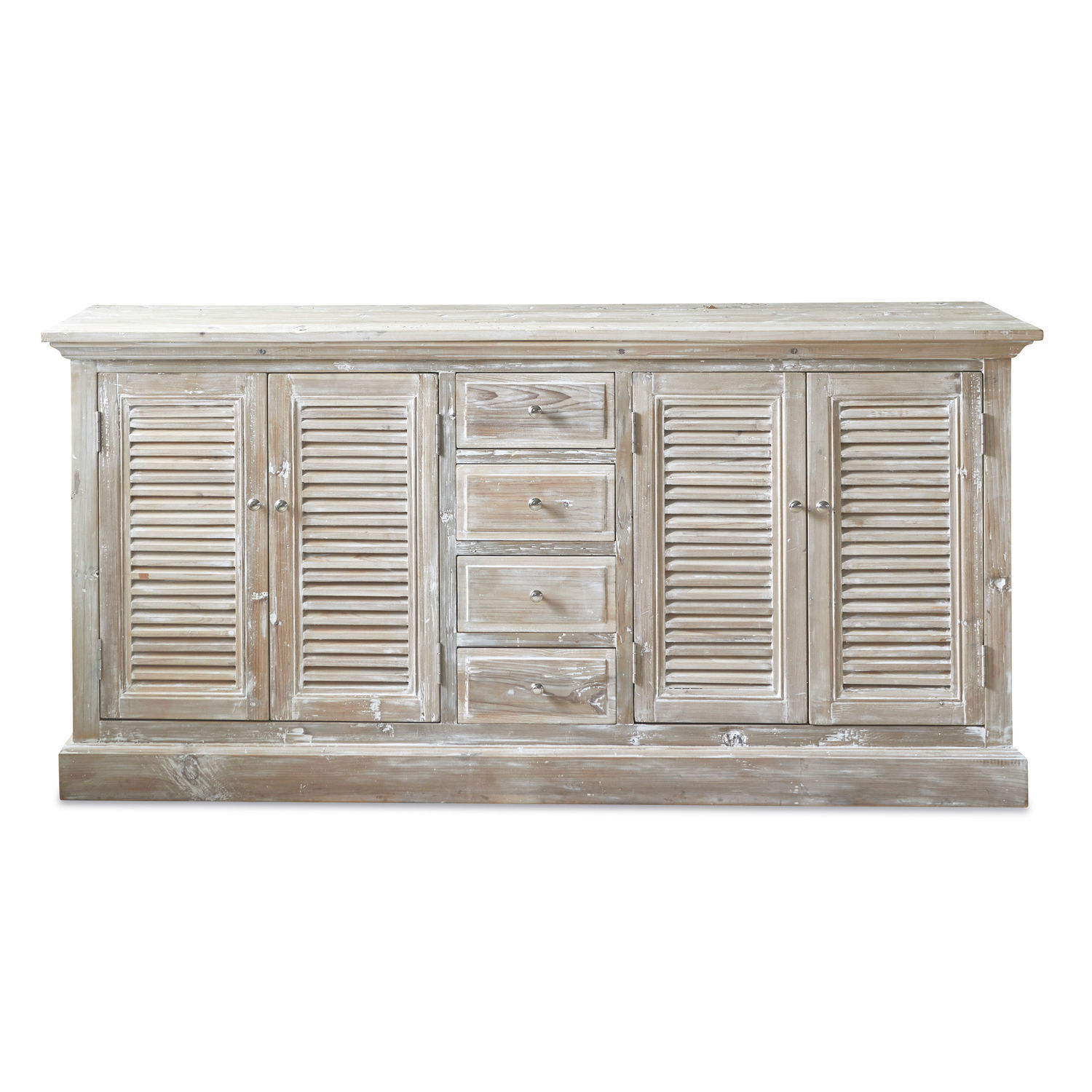Cómoda Houston Aparador de madera blanqueada con cuatro cajones y puertas con persianas, mueble de almacenamiento