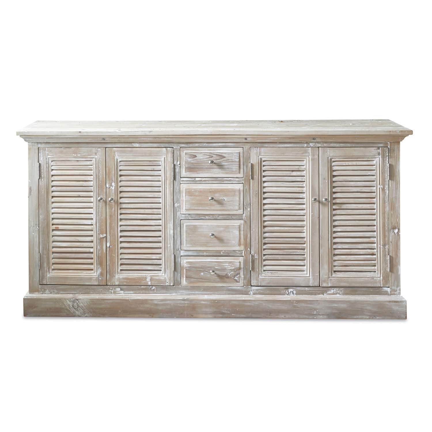 Cómoda Houston Aparador de madera blanqueada con cuatro cajones y puertas con persianas, mueble de almacenamiento