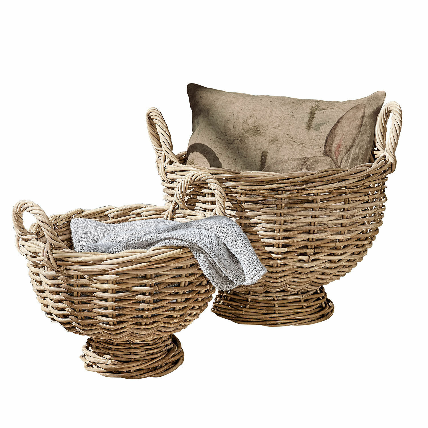 Set de 2 cestas Bunyan Conjunto de dos cestas de mimbre natural con cojín y manta gris para almacenamiento decorativo