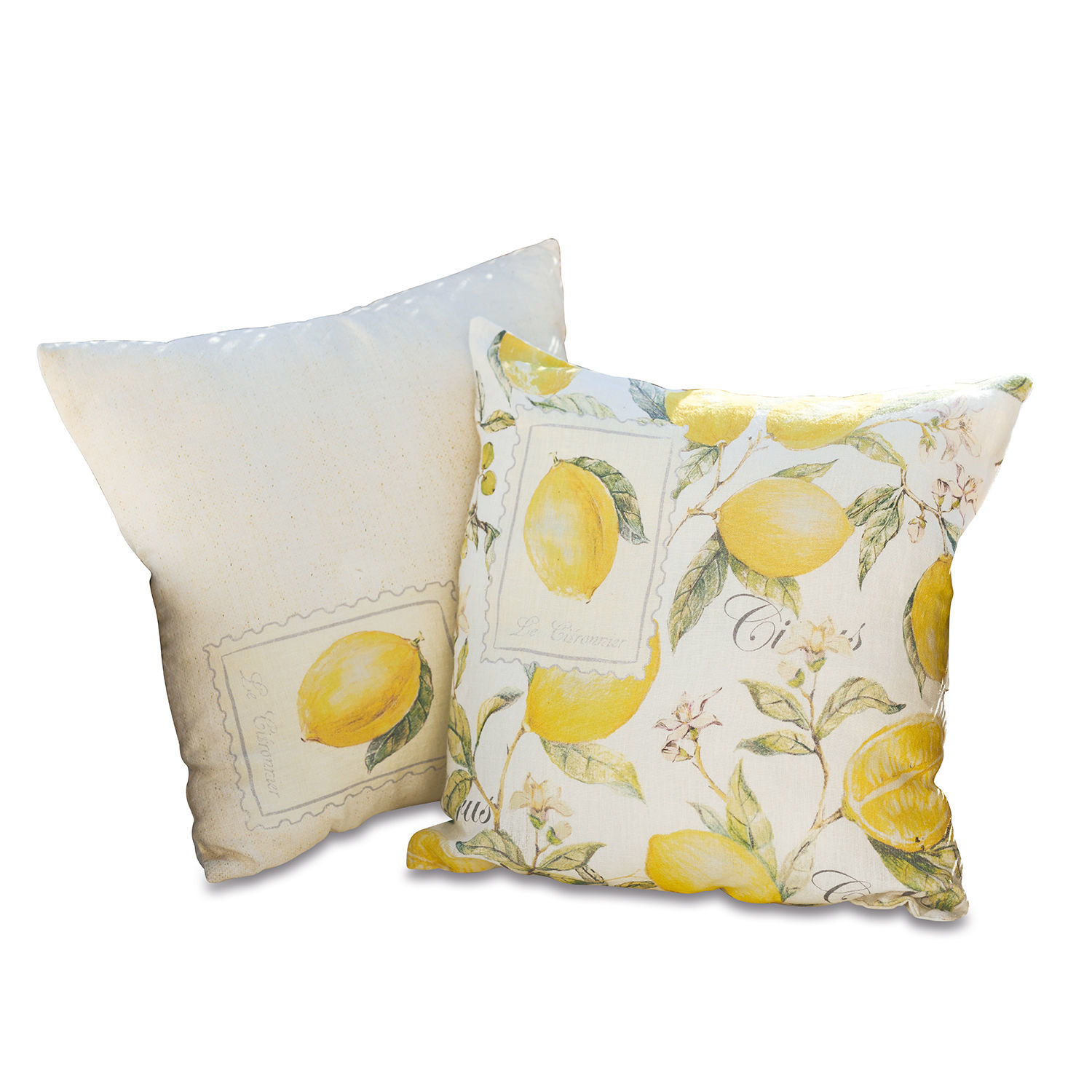 Conjunto de dos cojines decorativos de algodón crema y amarillo con diseño de limones