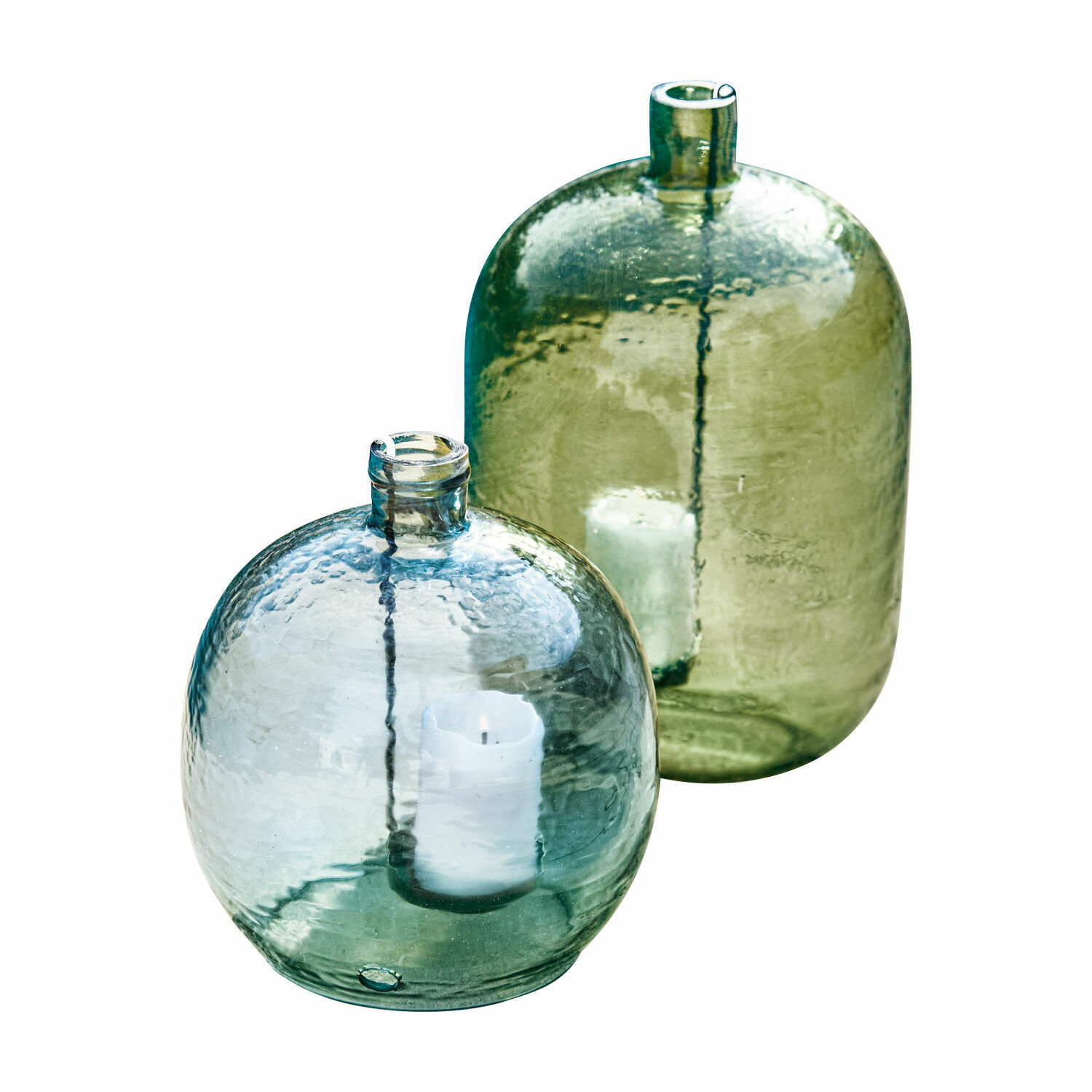 Set de 2 portavelas Michel Faroles de vidrio en tonos verde y azul con velas blancas para decoración interior