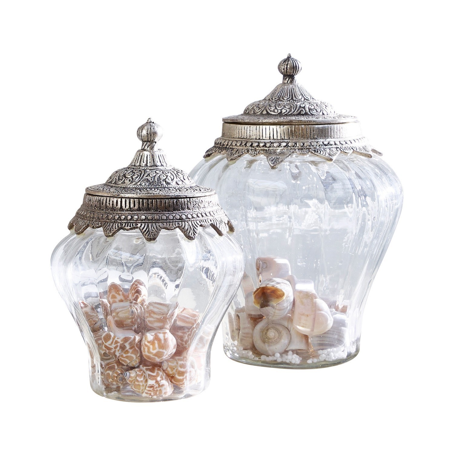 Set de 2 tarros de cristal Isaline Dos frascos decorativos de vidrio con tapas metálicas, llenos de conchas, decoración para interiores