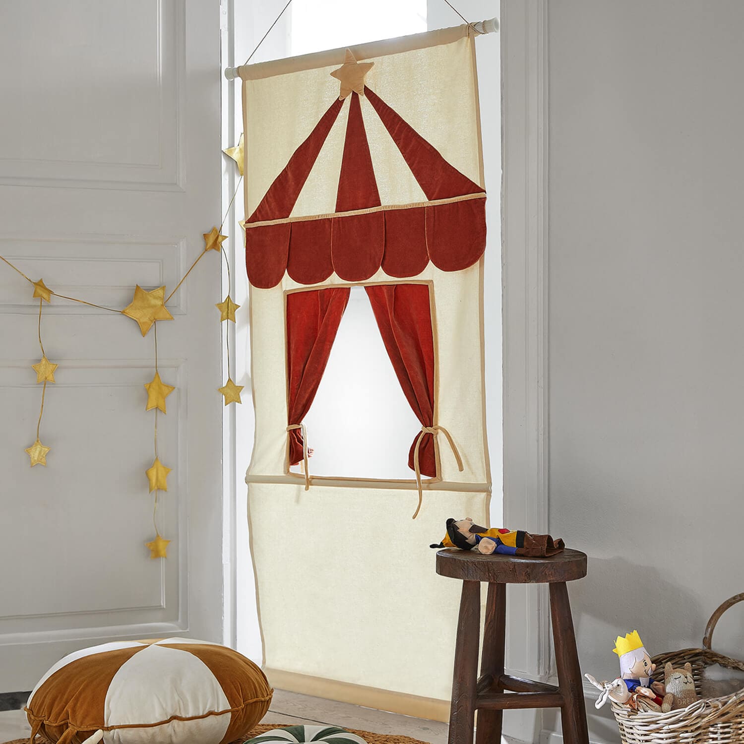 Cortina infantil de tela en crema y rojo con diseño de carpa de circo, decoración para habitación infantil