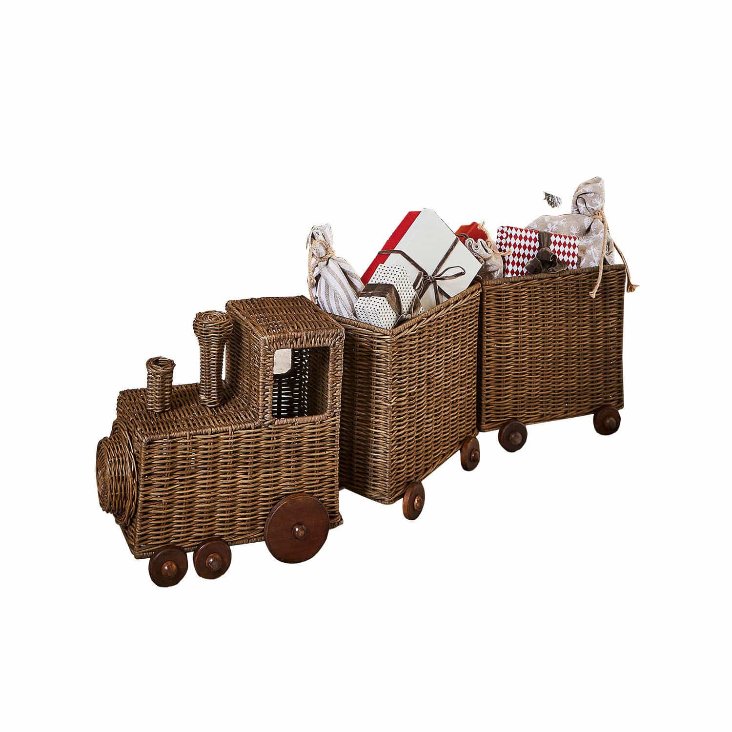 Tren decorativo Kareeva Tren de mimbre con dos vagones sobre ruedas llenos de regalos, decoración navideña en color marrón