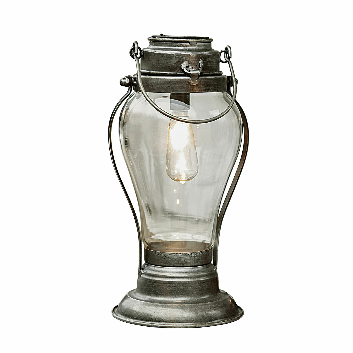 Faro solar Melini Farol de metal con pantalla de vidrio transparente y asa plateada para decoración interior
