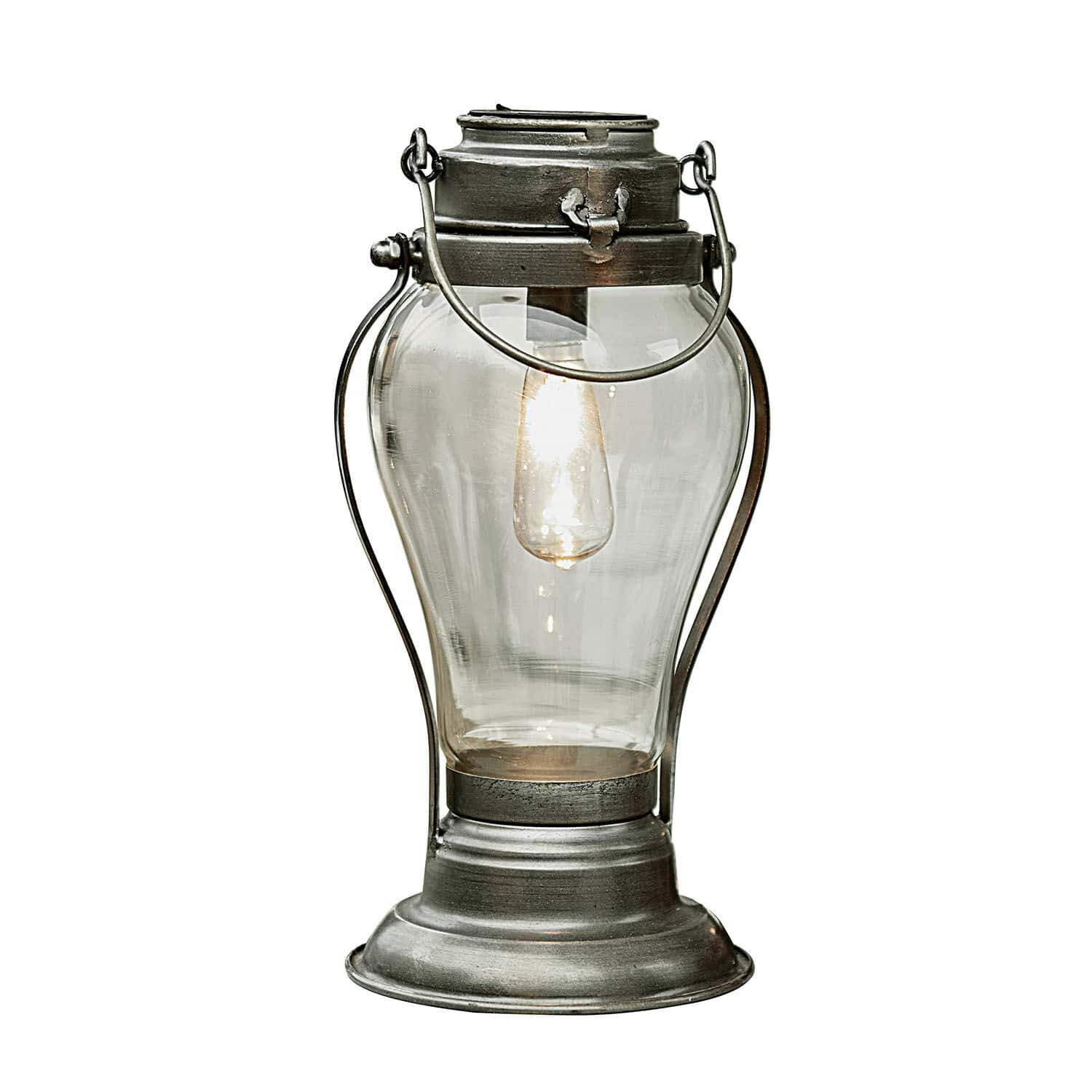 Faro solar Melini Farol de metal con pantalla de vidrio transparente y asa plateada para decoración interior