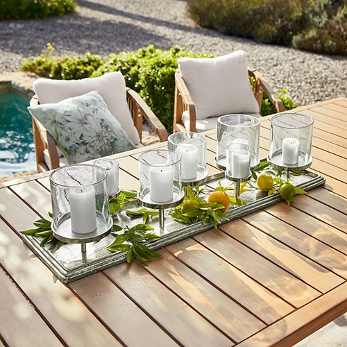 Candelabro decorativo de madera y vidrio para 6 velas en mesa de jardín, estilo natural con hojas verdes