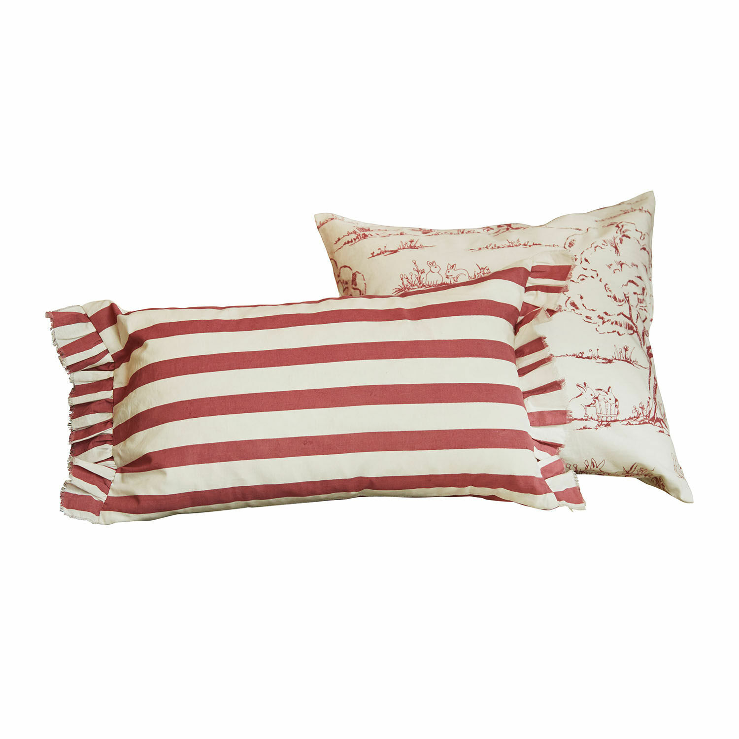 Set de 2 fundas de cojín Fleurine Conjunto de dos cojines de algodón con rayas rojas y blancas y motivos de conejos decorativos