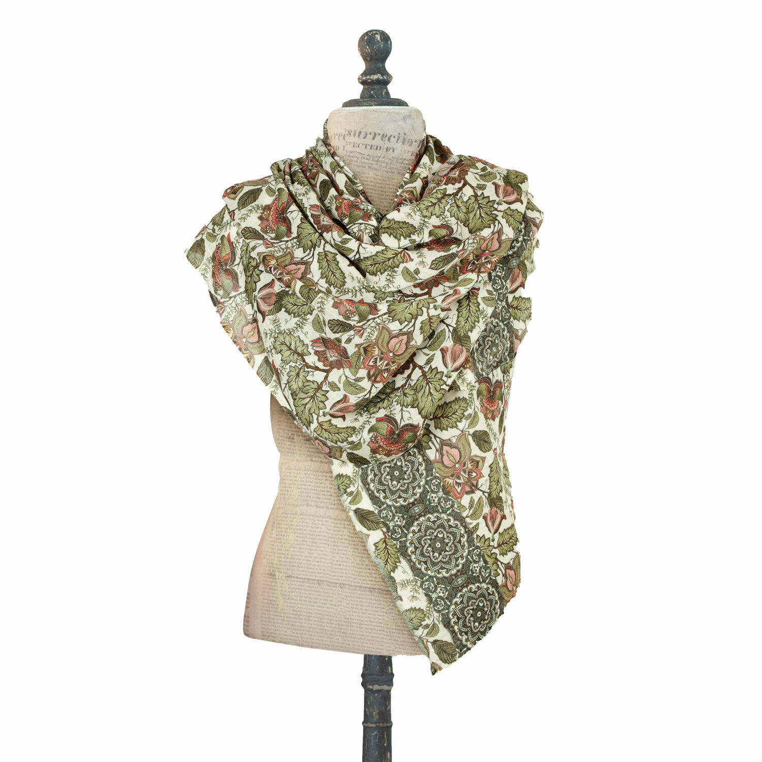 Chal Presquer Pañuelo ligero de algodón con estampado floral verde y rosa, accesorio de moda para primavera