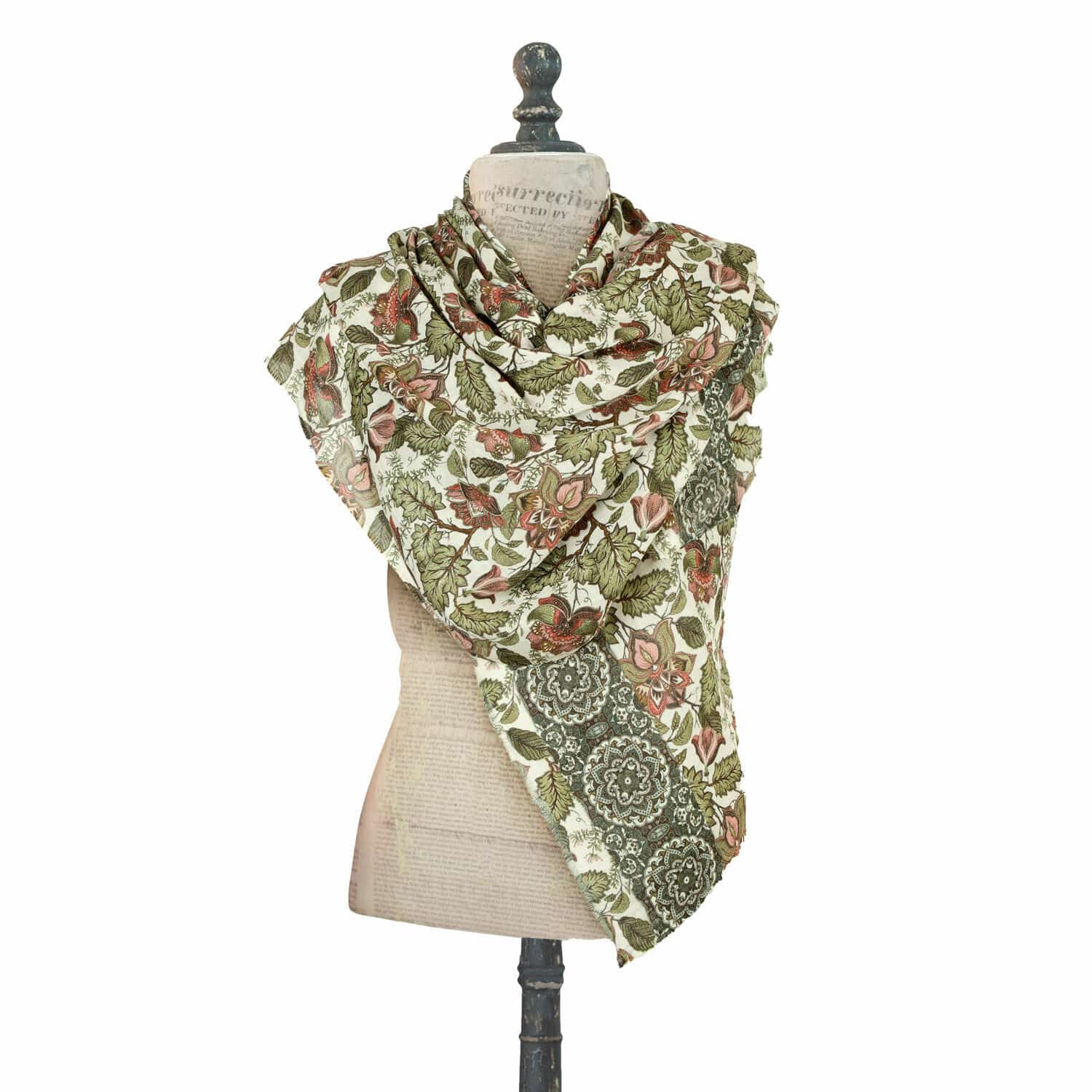 Chal Presquer Pañuelo ligero de algodón con estampado floral verde y rosa, accesorio de moda para primavera