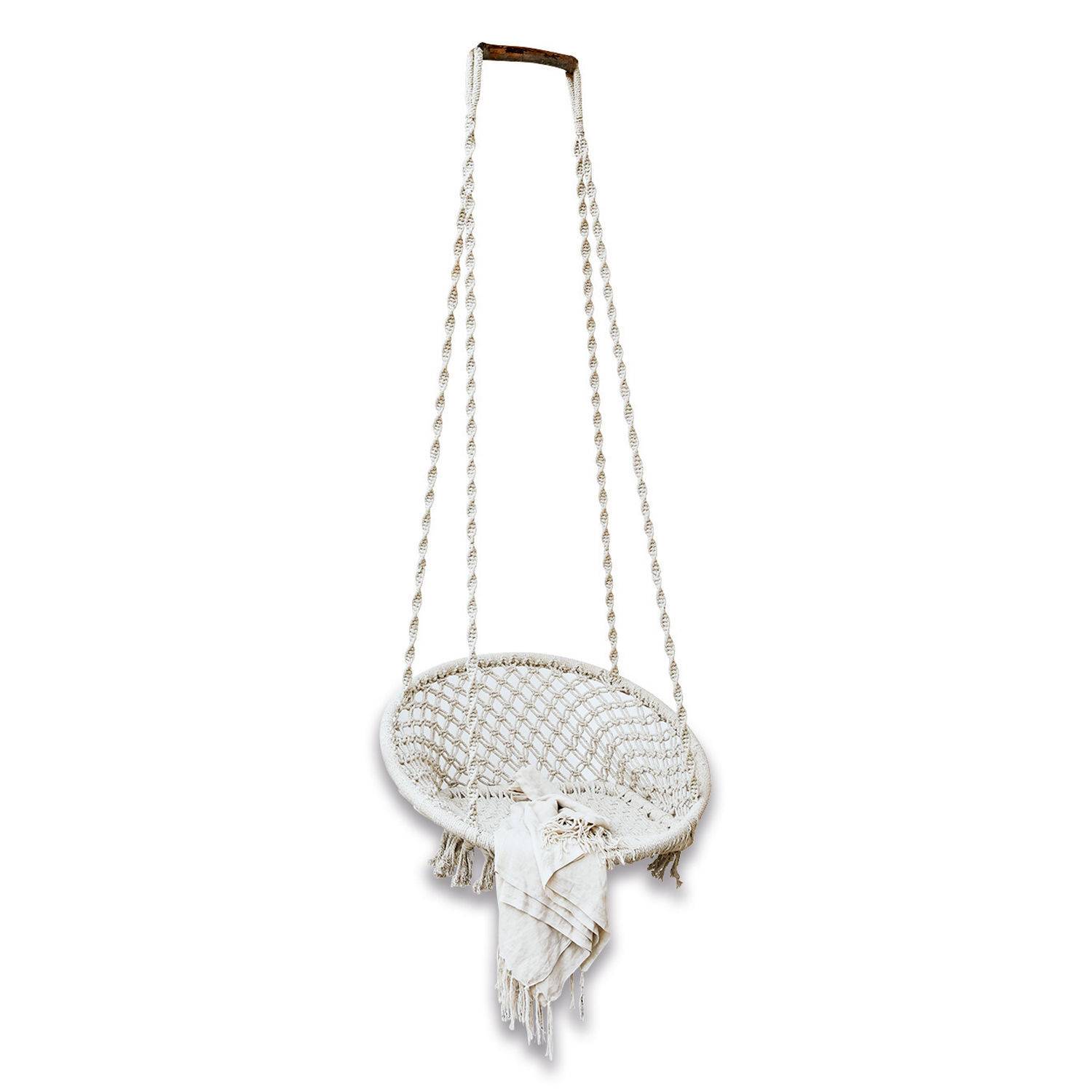 Silla colgante de cuerda de algodón trenzada color crema con manta decorativa para exteriores