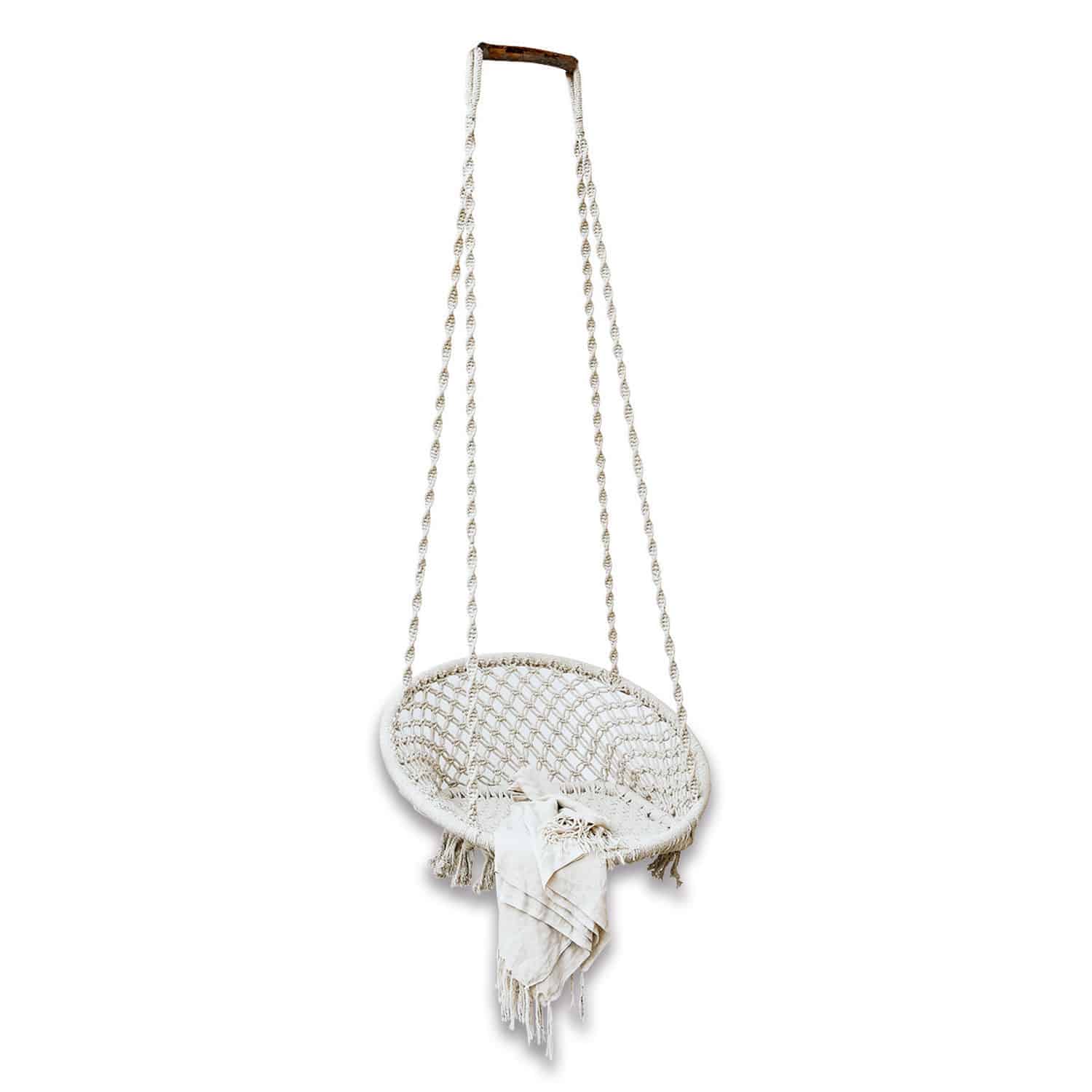 Silla colgante Tarik Silla colgante de cuerda de algodón trenzada color crema con manta decorativa para exteriores