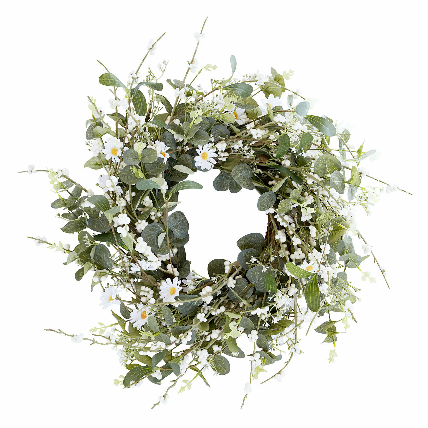 Corona Mixale Corona decorativa con hojas verdes y flores blancas, estilo natural, adorno para pared o puerta