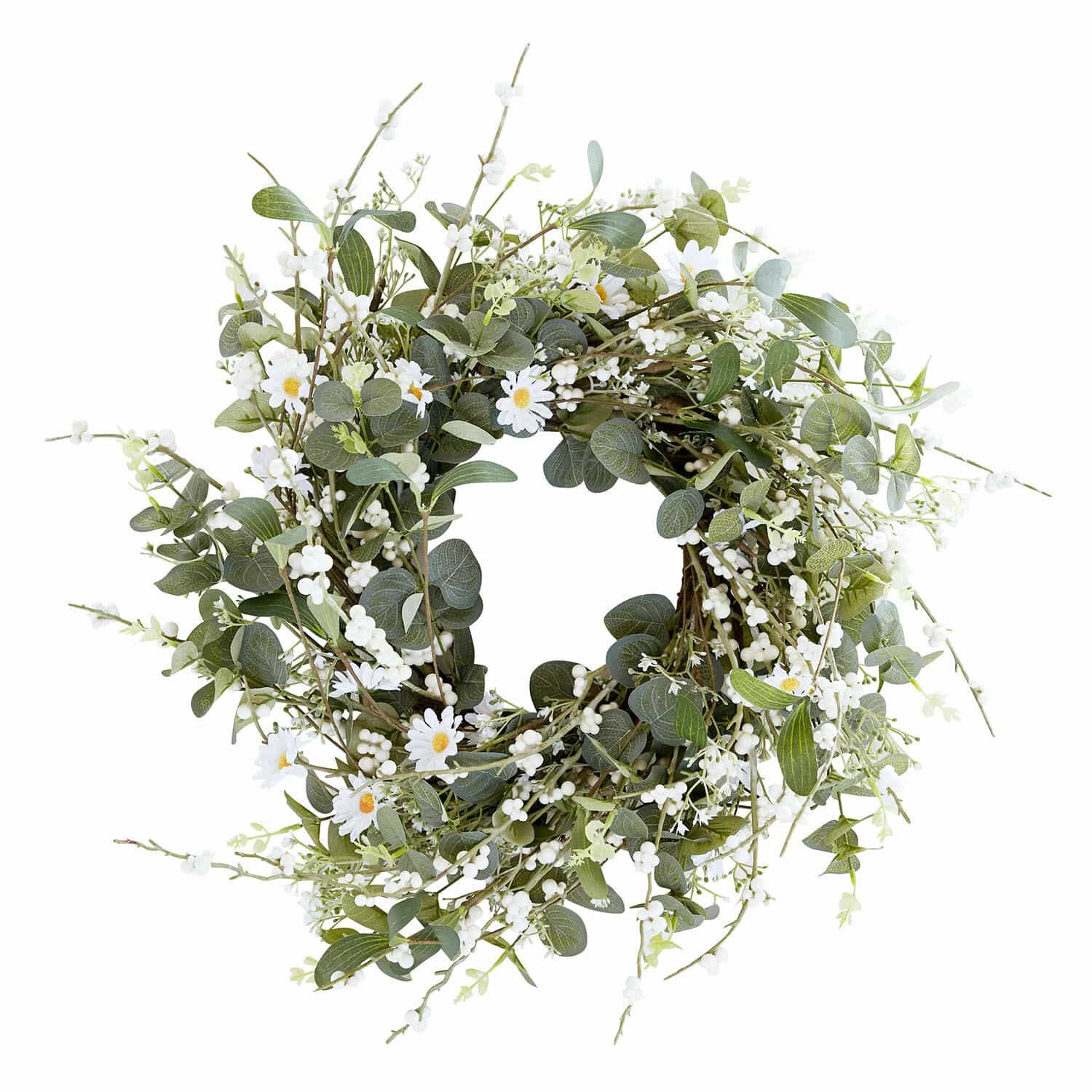 Corona Mixale Corona decorativa con hojas verdes y flores blancas, estilo natural, adorno para pared o puerta