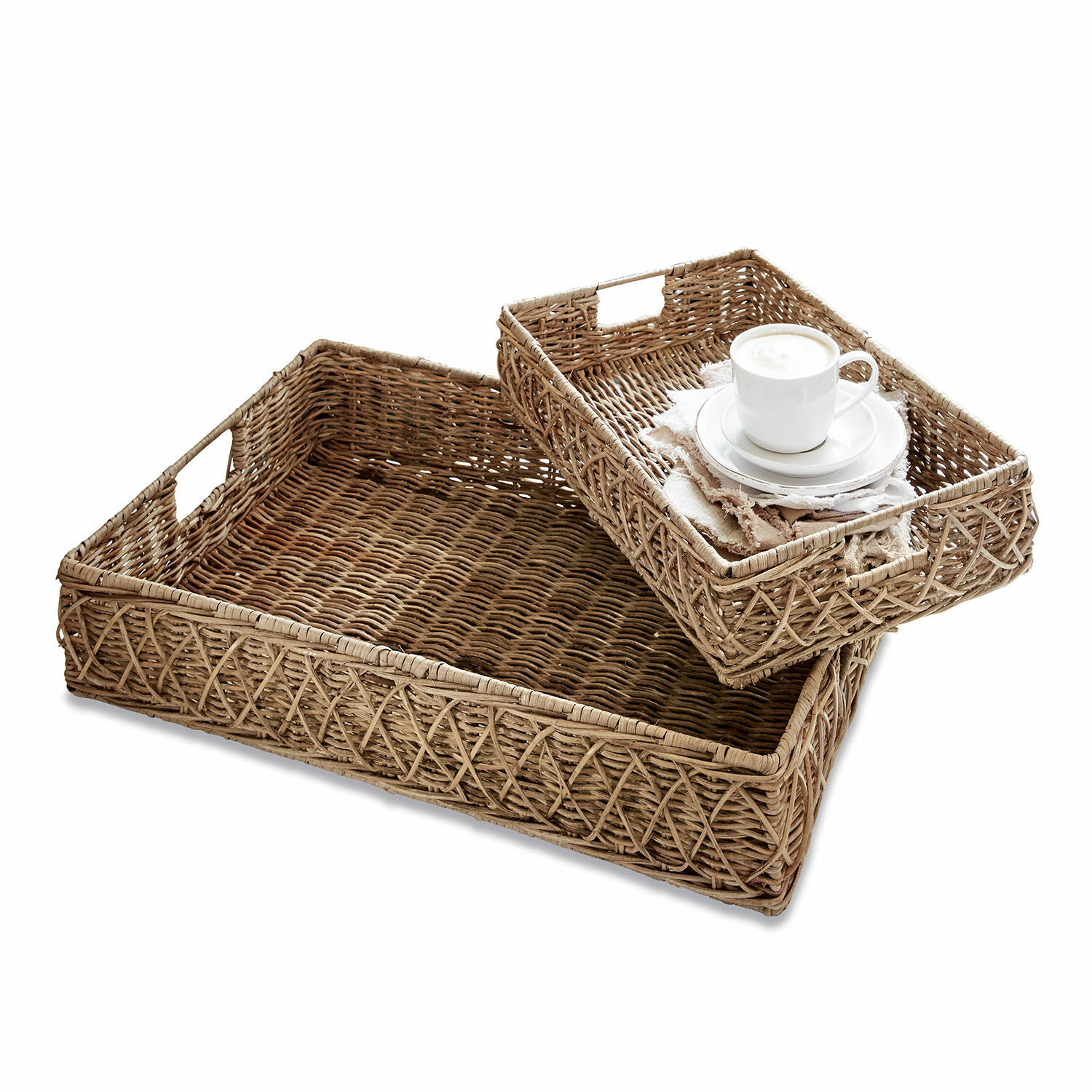Set de 2 bandejas Cordillera Conjunto de dos bandejas rectangulares de ratán natural para servir bebidas y aperitivos
