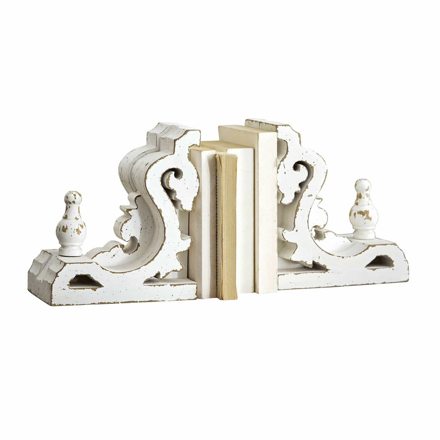 Set de 2 sujetalibros Sami Sujetalibros de madera blanca envejecida con diseño ornamental, accesorios decorativos para el hogar