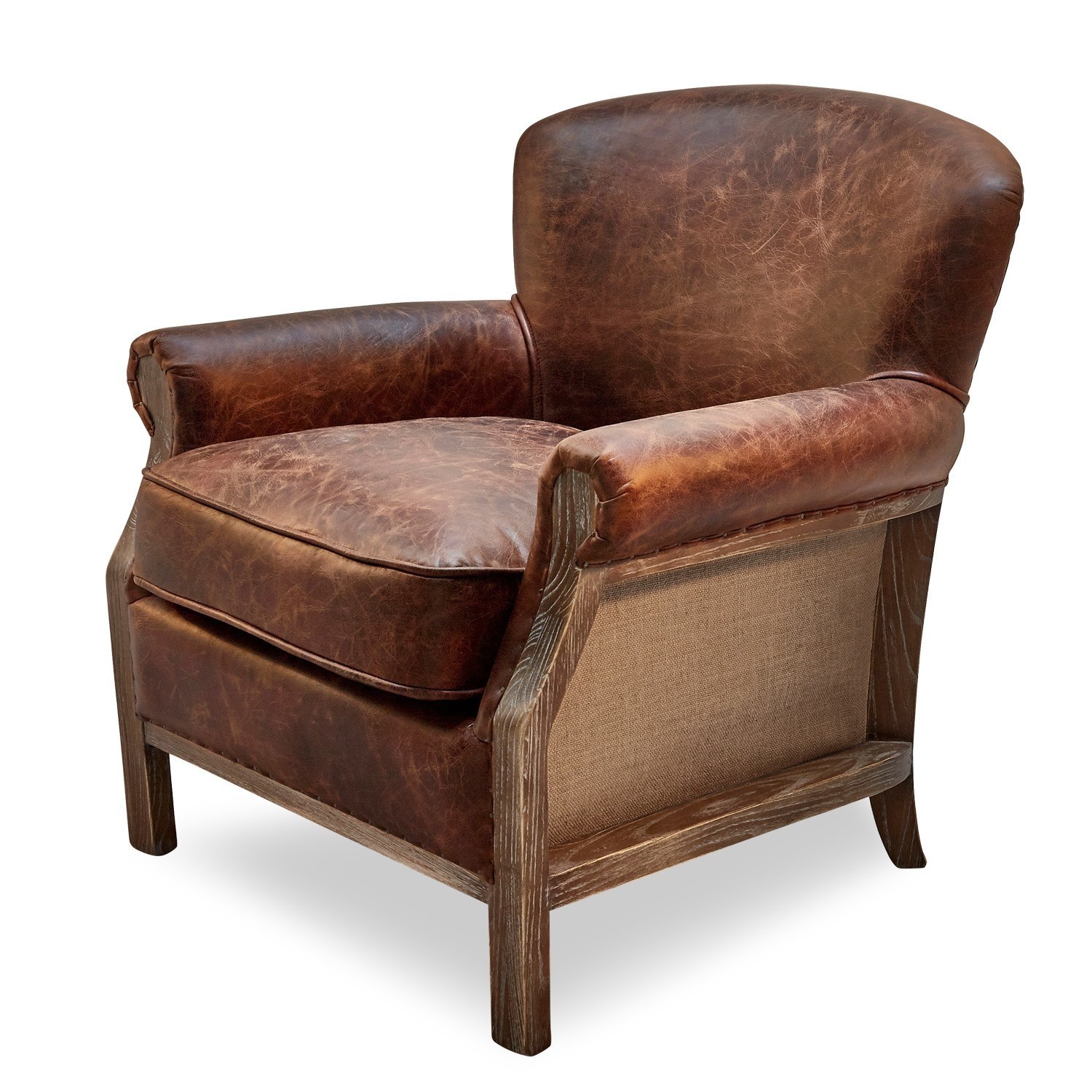 Sillón Banbury Sillón marrón de cuero natural con estructura de madera, asiento cómodo para salón