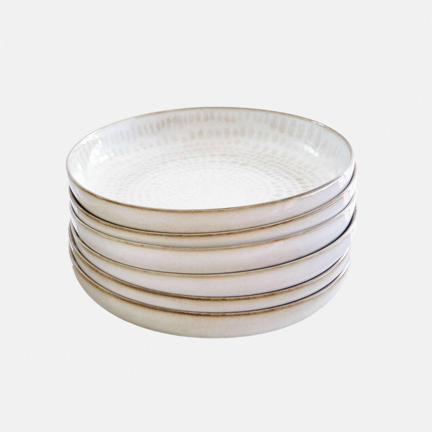 Set de 6 platos hondos Marnis Conjunto de cuatro cuencos de cerámica crema con patrón sutil y borde marrón claro