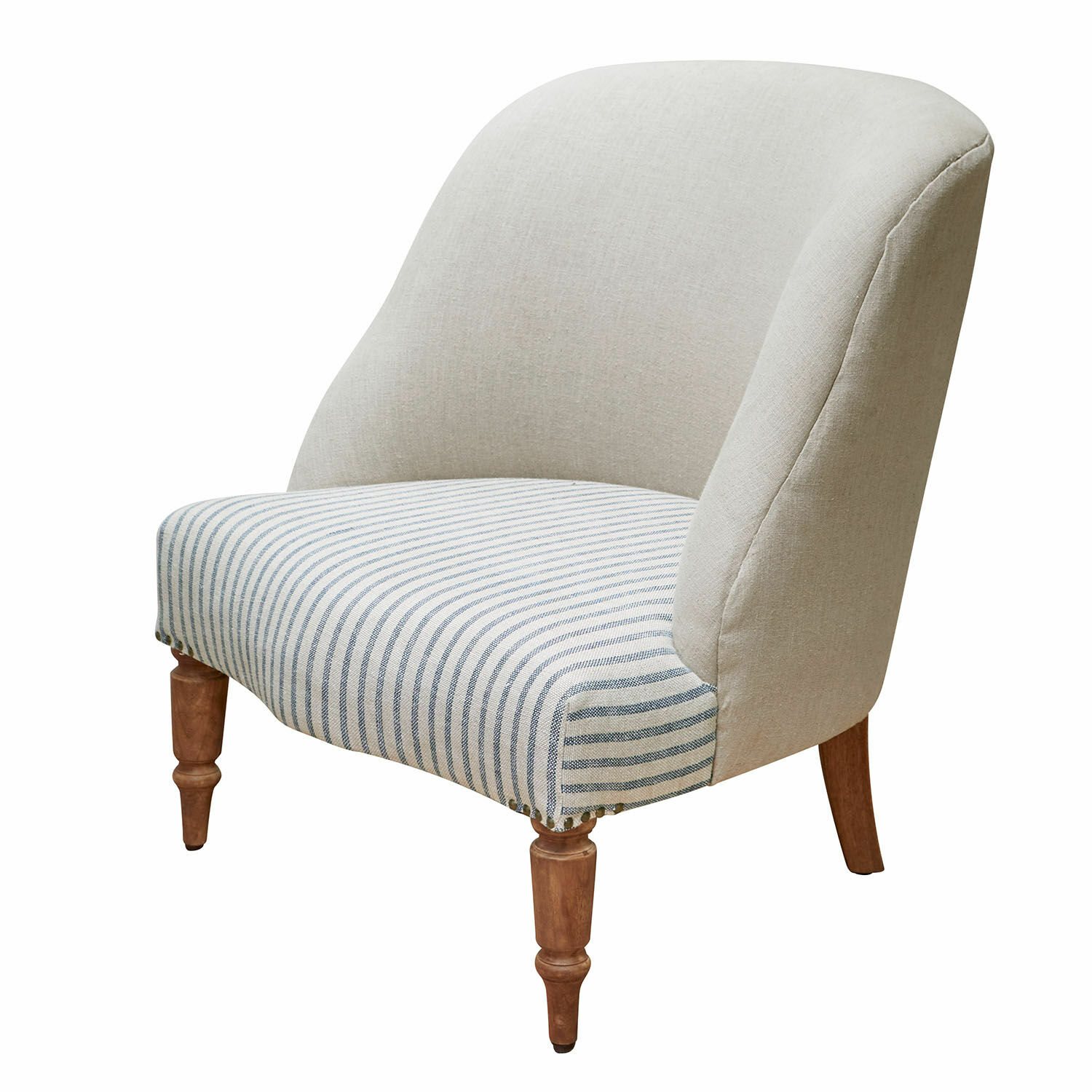 beige/gris Sillón Maplewood beige con patas de madera y asiento gris a rayas para sala de estar
