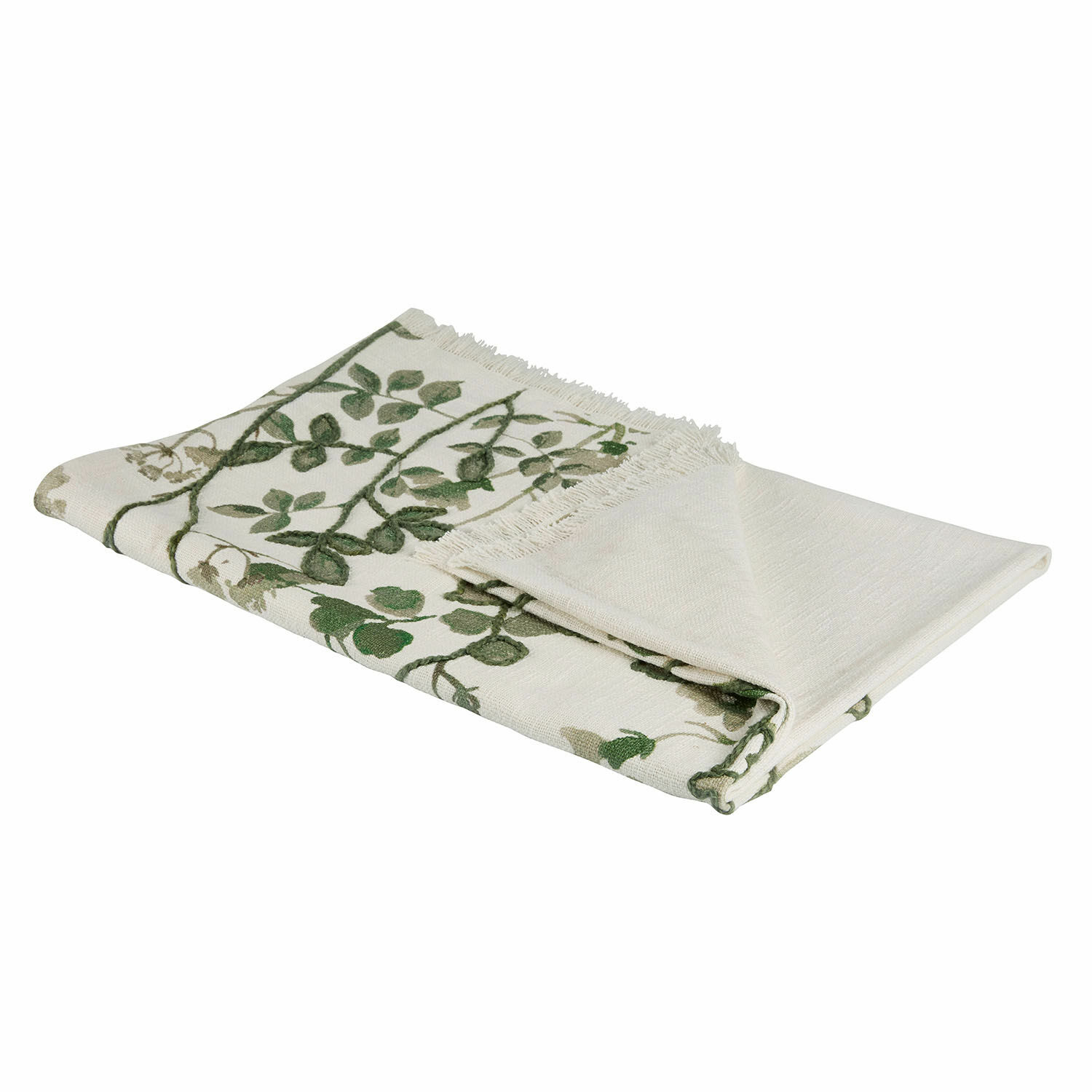 Manta de algodón crema con diseño de hojas verdes y flecos, textil suave y decorativo para el hogar