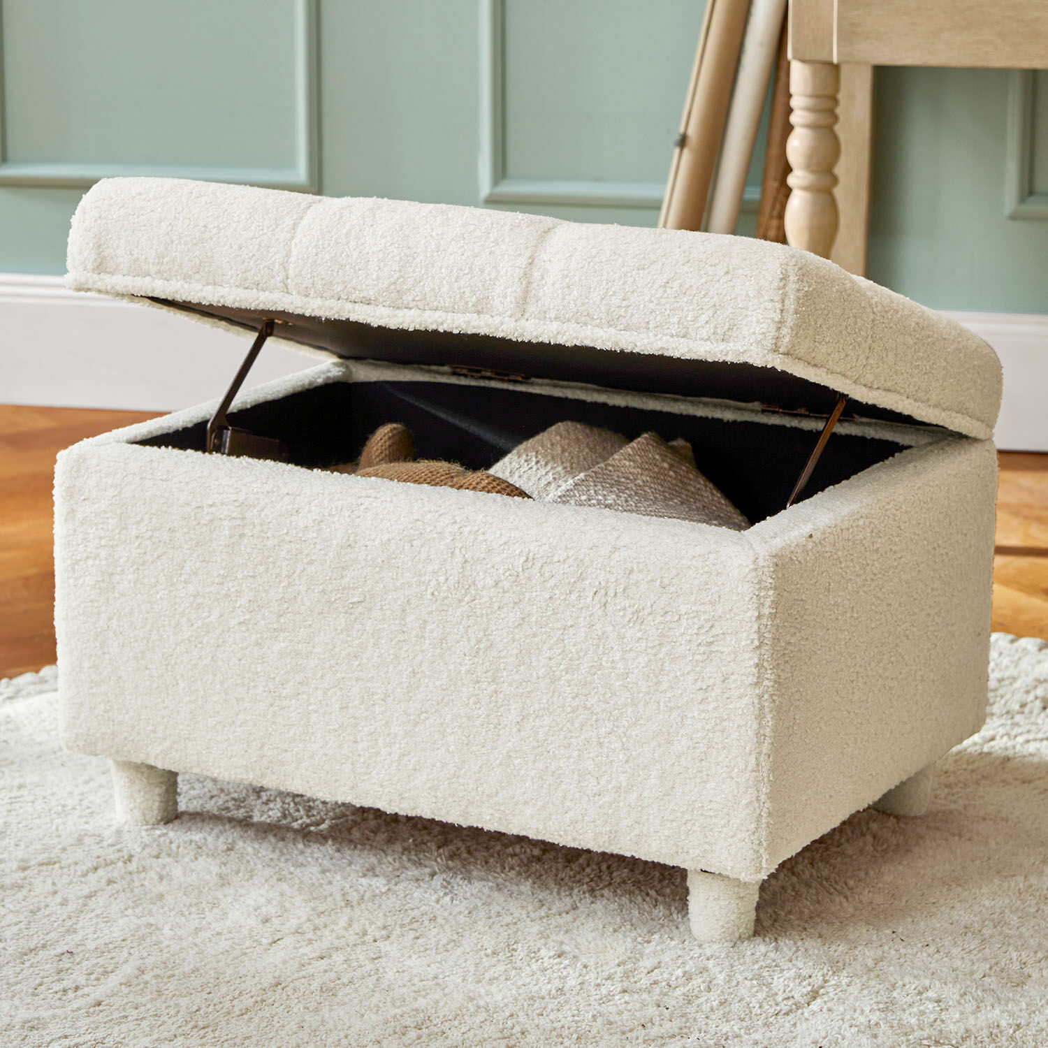 Banco-arcón Ivrielle Puf blanco suave con espacio de almacenamiento, mueble práctico para salón y organización