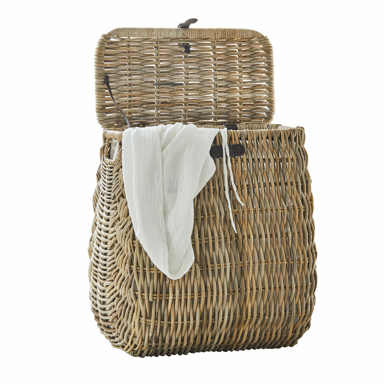 Cesto para ropa Solinette Cesta abierta de ratán natural con tela blanca, práctica para almacenamiento en casa