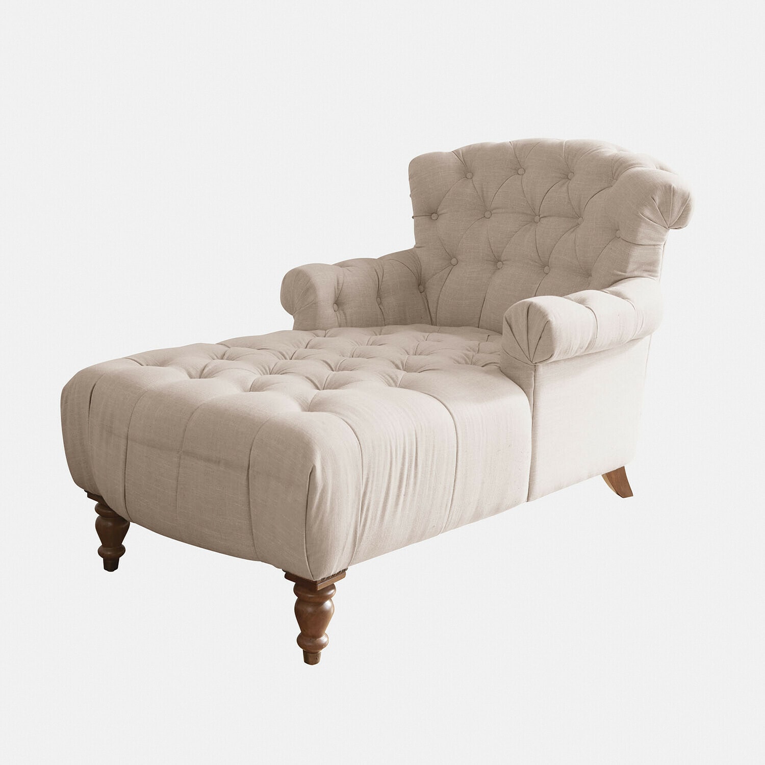 Chaise longue Springfield Village Chaise longue beige tapizada en tela con respaldo capitoné y patas de madera para salón