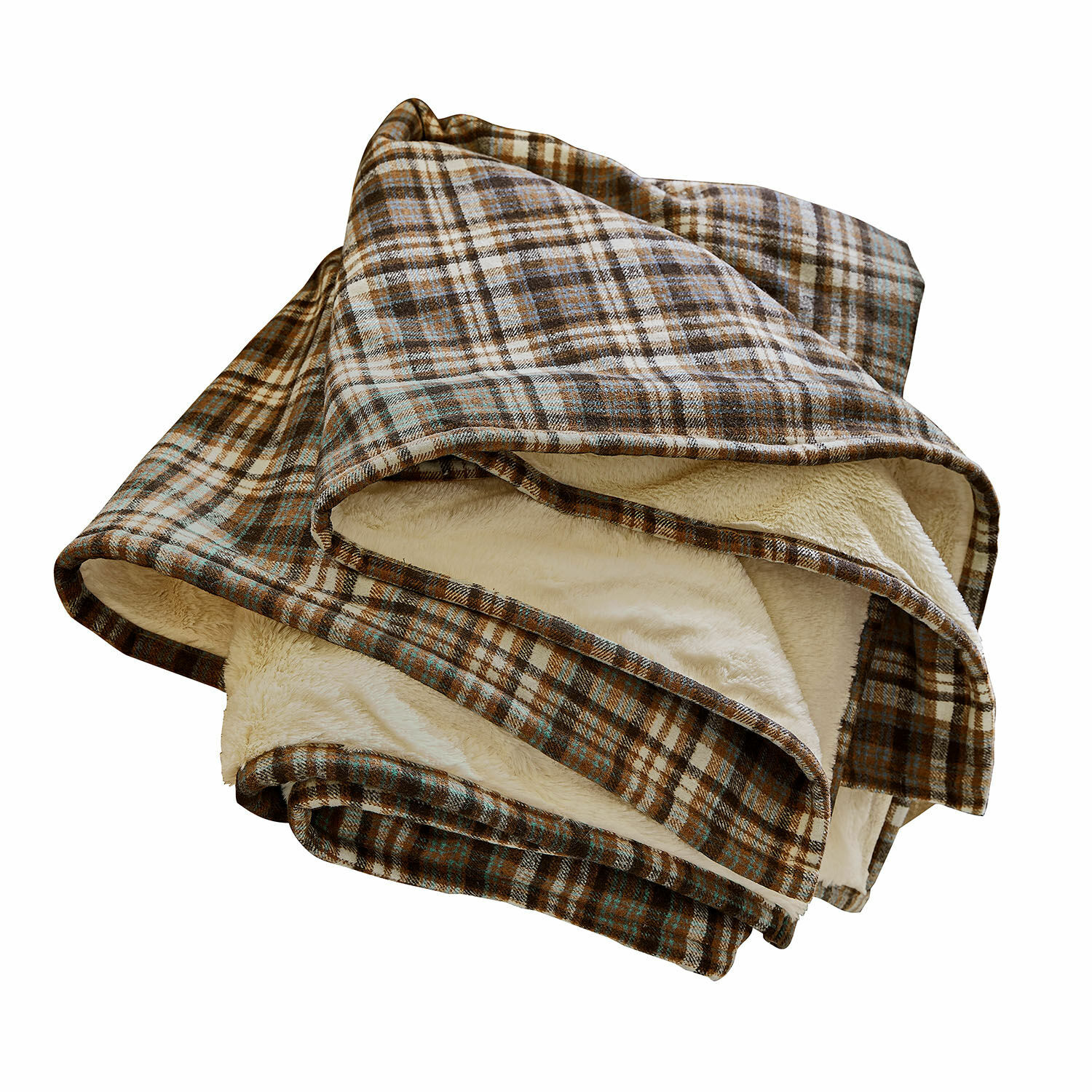 Plaid Celestria Manta suave a cuadros marrones con interior de felpa crema, ideal para días fríos