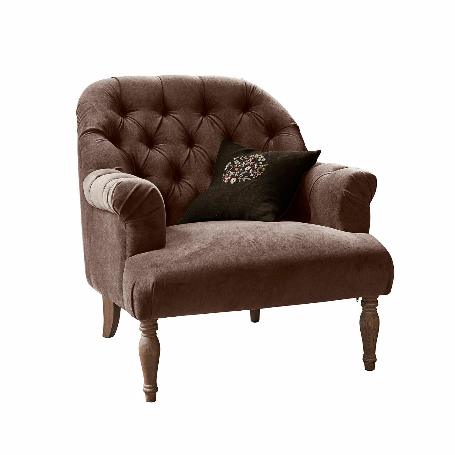 Sillón Shambrook Sillón de terciopelo marrón con respaldo capitoné y patas de madera para salón cómodo