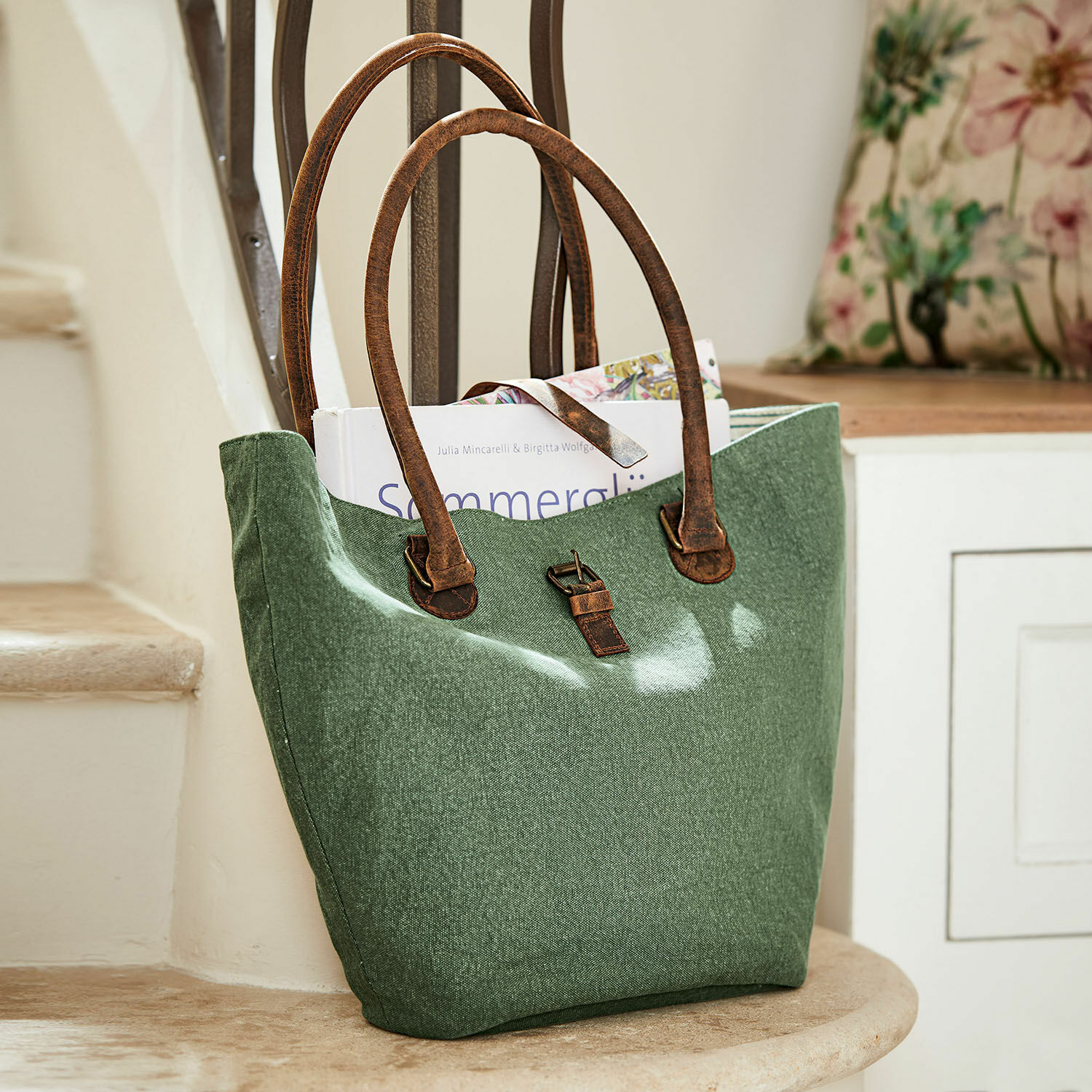 Bolso Ambre Bolsa verde de tela con asas de cuero marrón, bolsa práctica para compras y libros