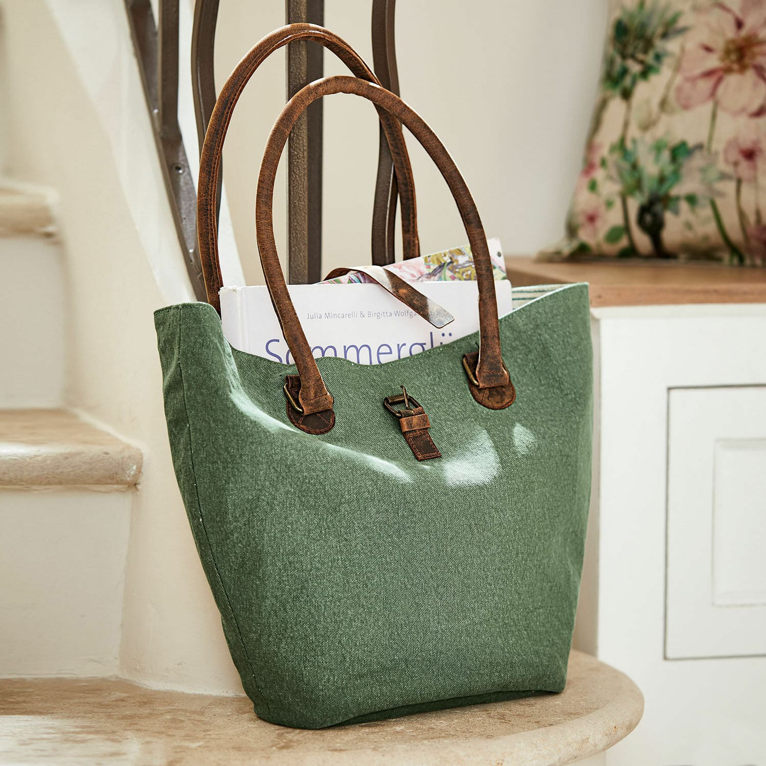 Bolso Ambre Bolsa verde de tela con asas de cuero marrón, bolsa práctica para compras y libros