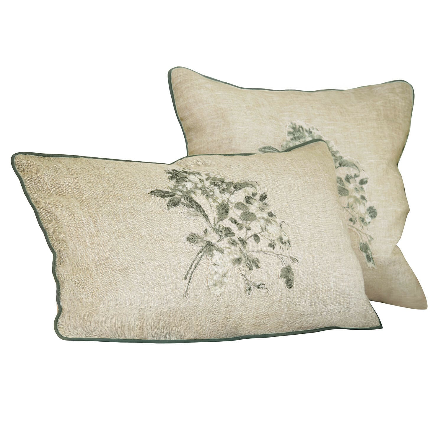 Cojín beige de lino con bordado vegetal verde y ribete verde, decoración para salón